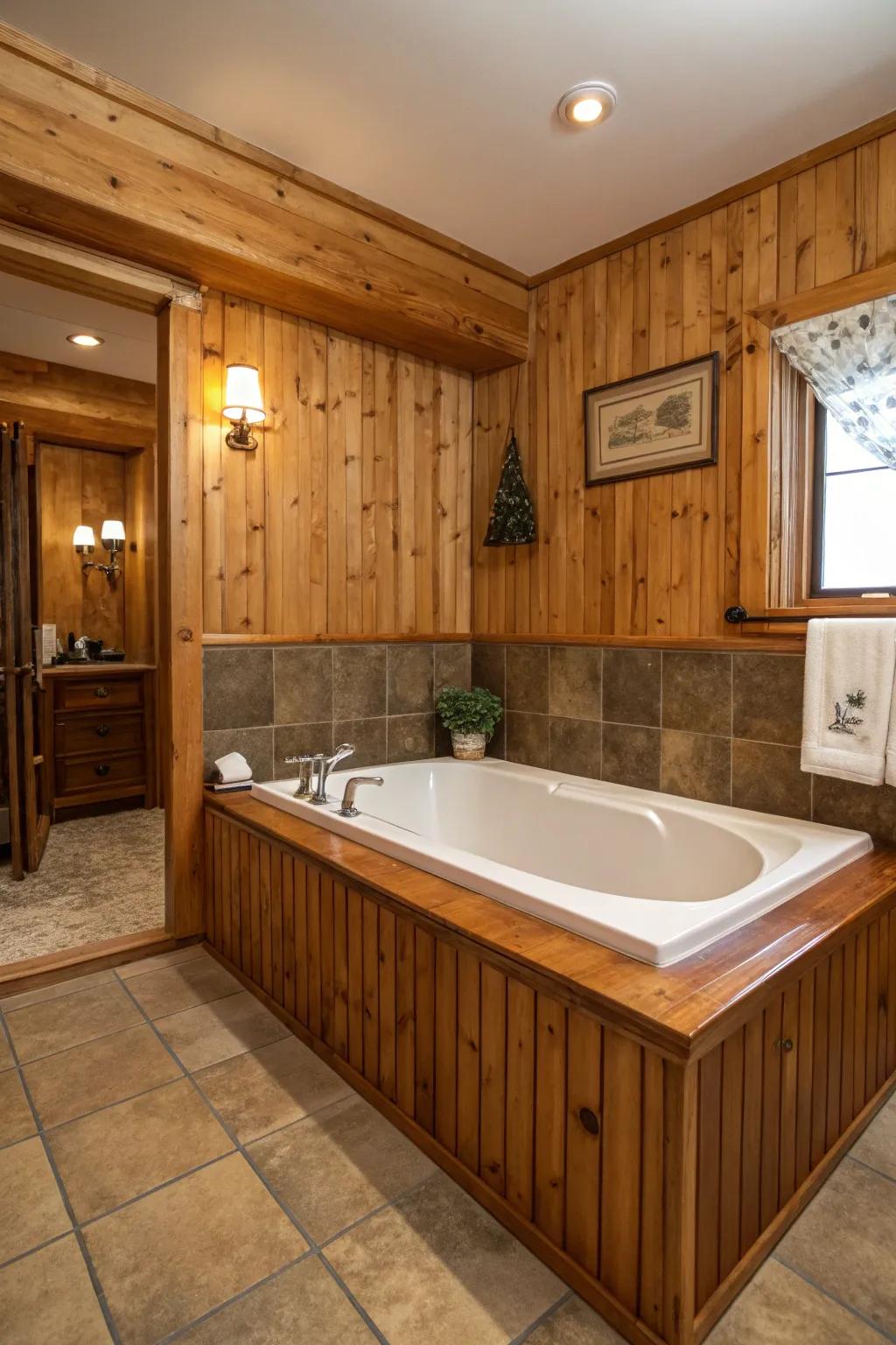 Timber paneling brings warmth and natural beauty to your bathtub space.