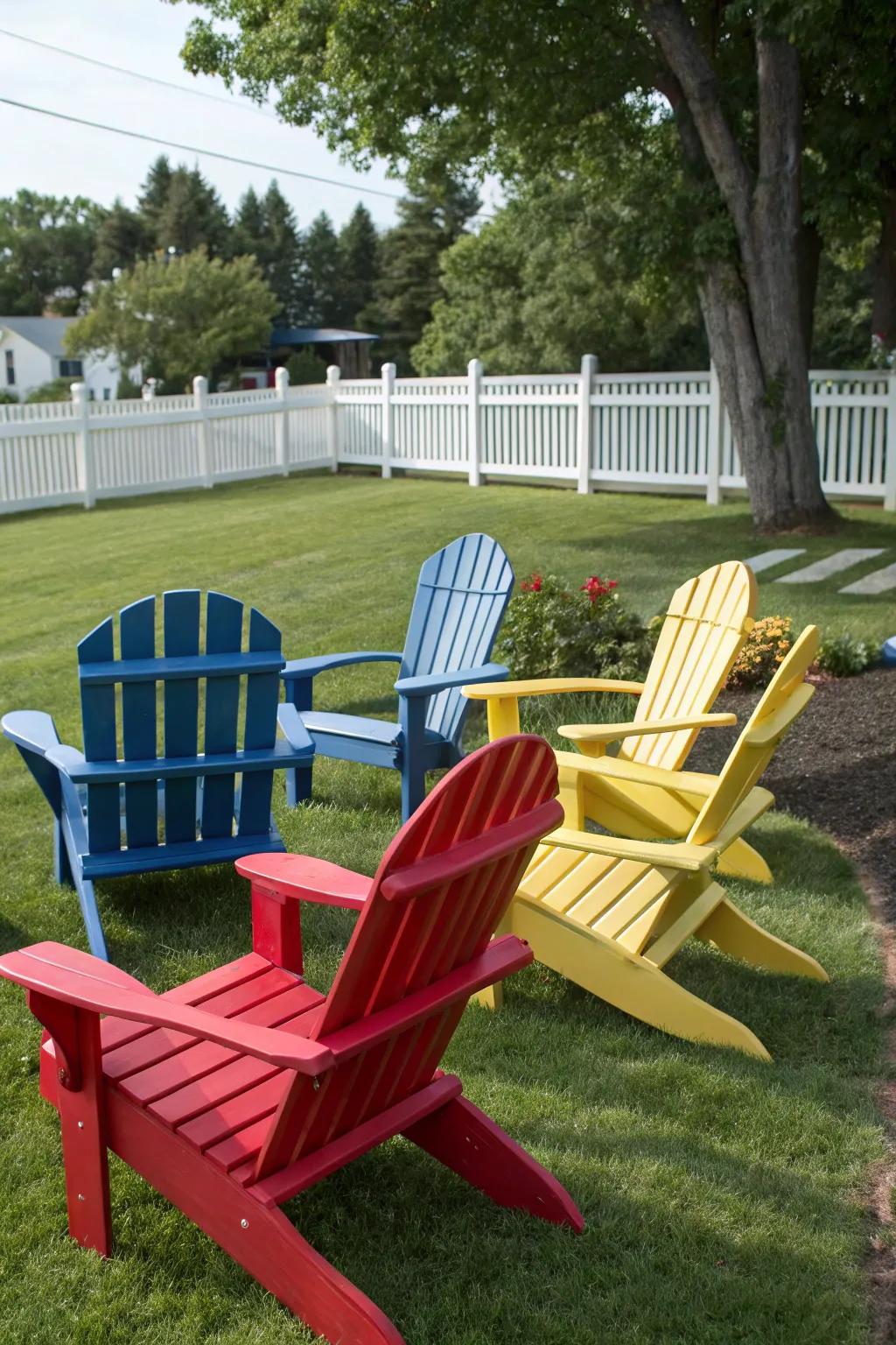 Adirondack chairs add comfort and a splash of color to any outdoor space.