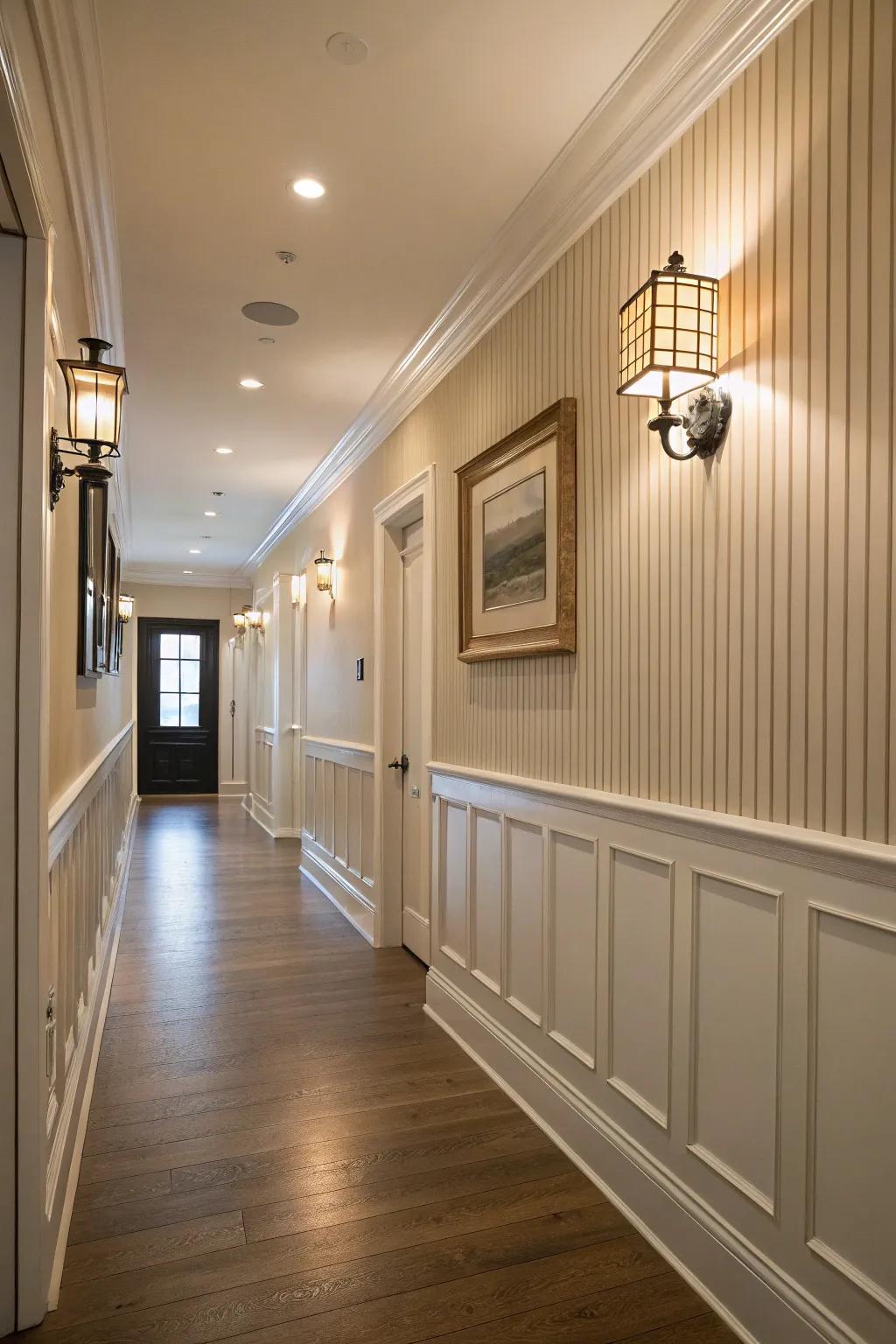 A glamorous hallway with daubed planking walls.