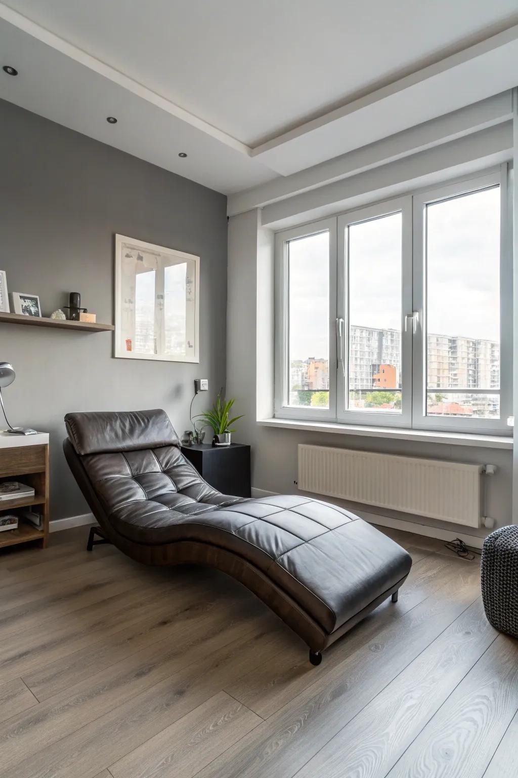 A streamlined leather recliner in a sleeping quarters, providing a fashionable and comfortable seating option.
