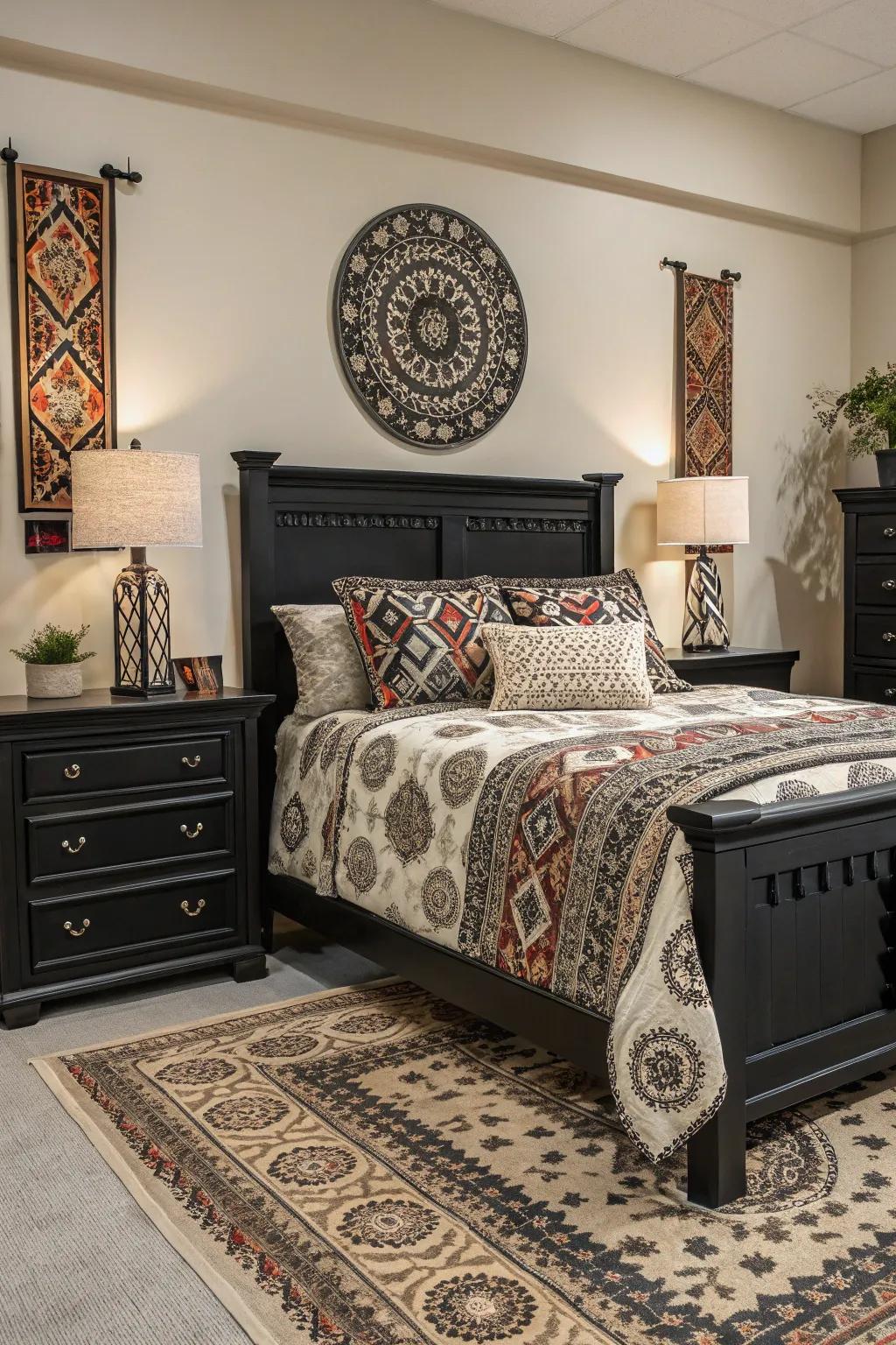 Patterns in textiles soften the boldness of black furniture, adding a sense of balance.