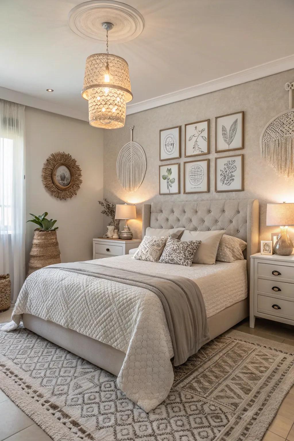 A monochromatic scheme brings a sense of harmony to the bedroom.