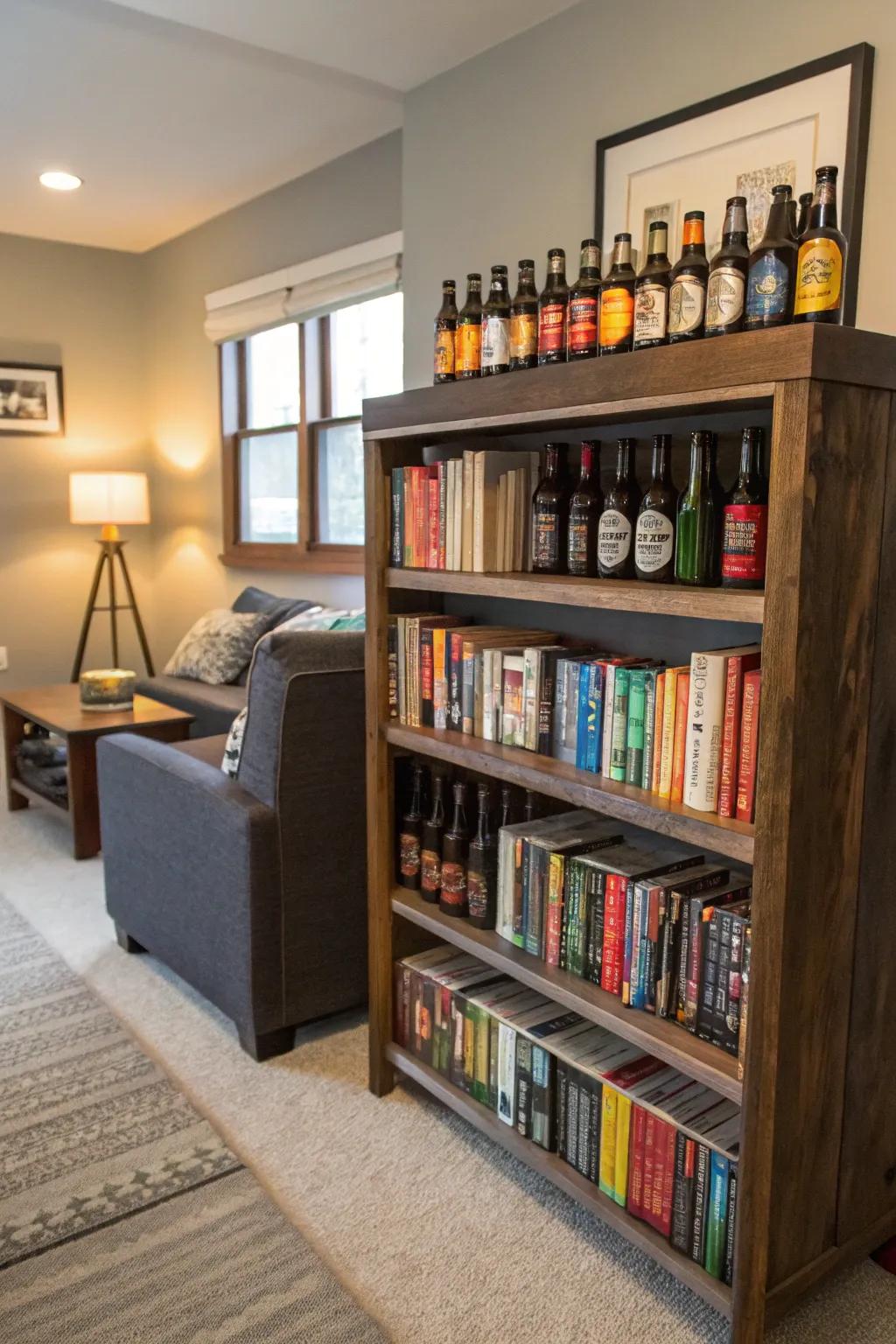 A changed bookcase in the family room showing off brew bottles.