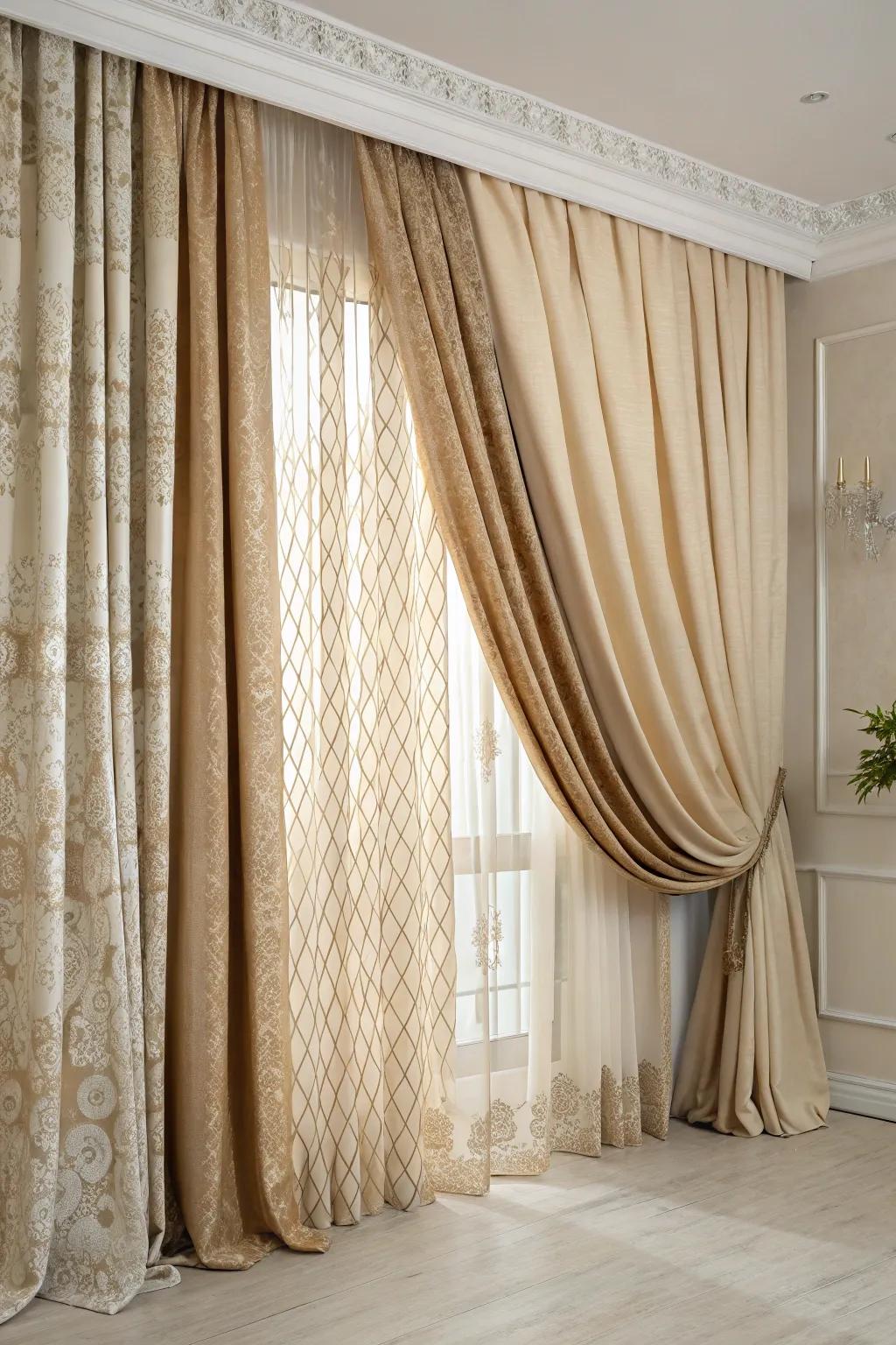 Layered window dressings in beige tones add elegance and privacy.