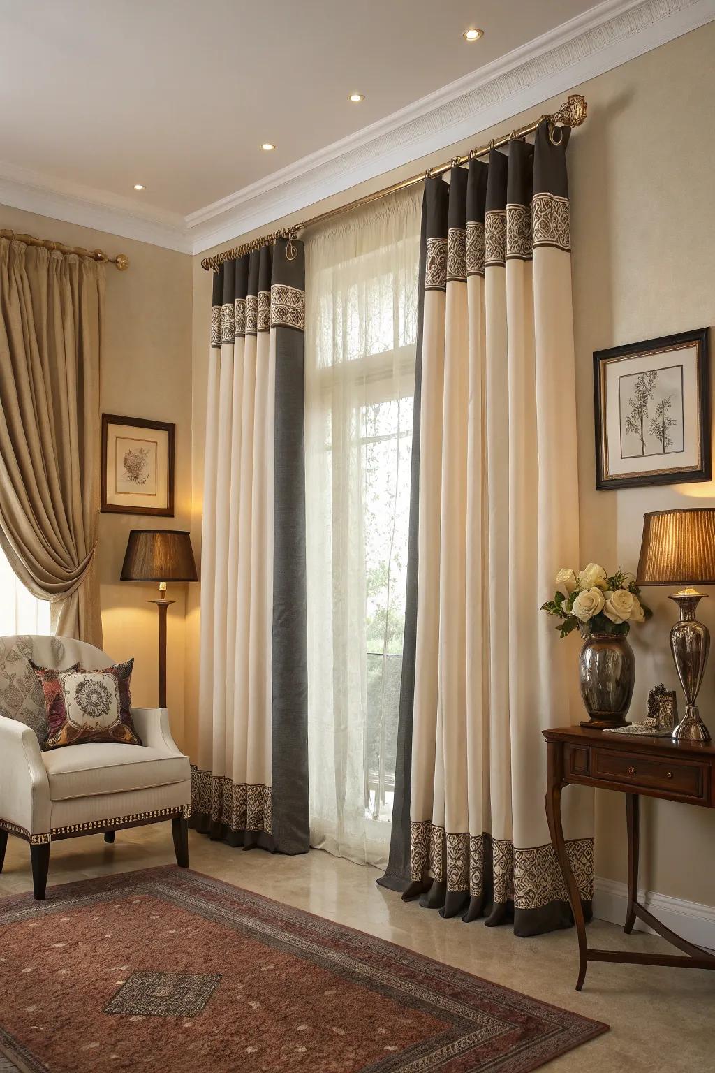 Contrasting borders on curtains make a subtle yet impactful statement.