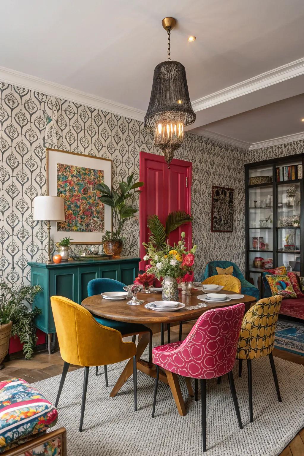 Patterned walls give dining areas character and fun.