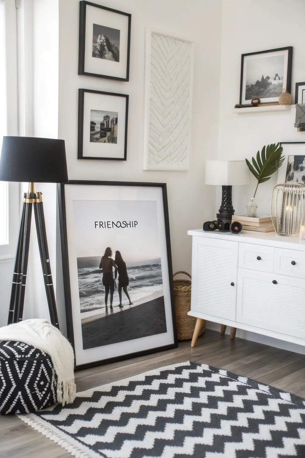 A monochrome poster adds depth and sophistication to a stylish space.