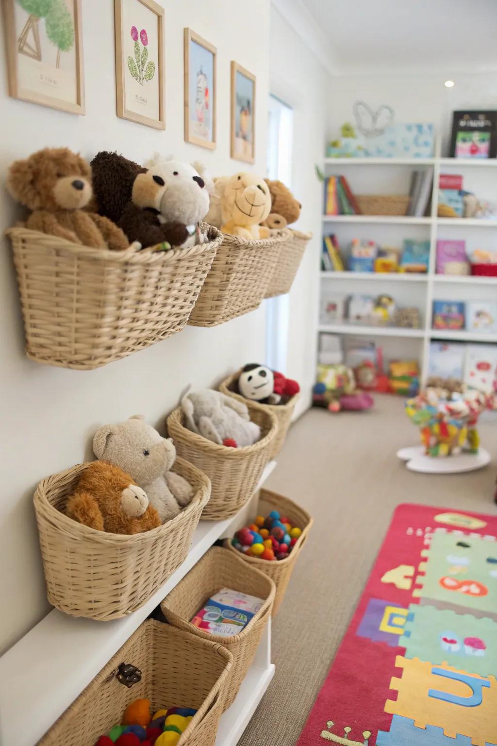 Suspension baskets give a playful element for toy storage.