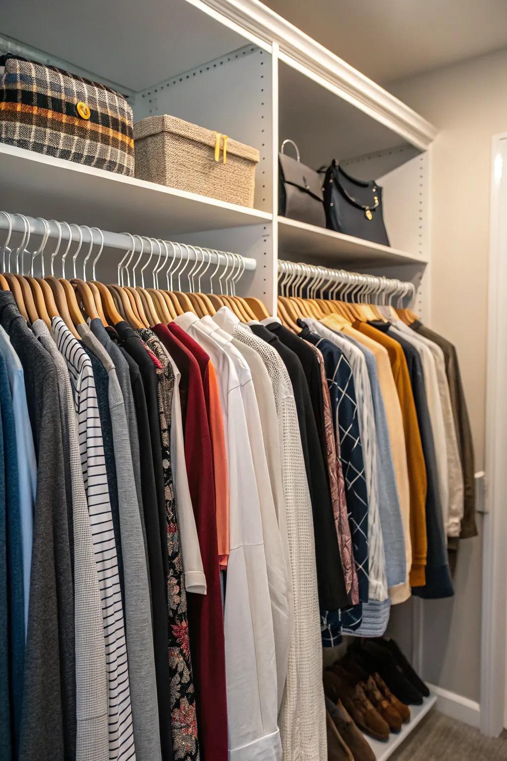 A closet showcasing premium hangers neatly organizing apparel.