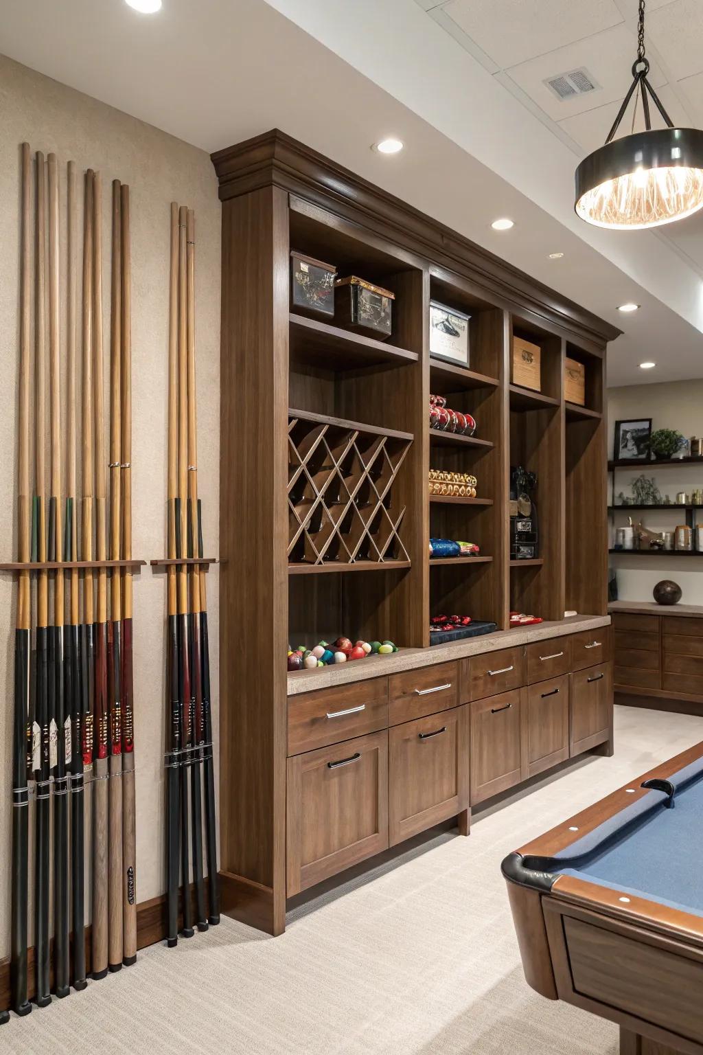 Resourceful storage maintains a tidy and functional billiard hall.