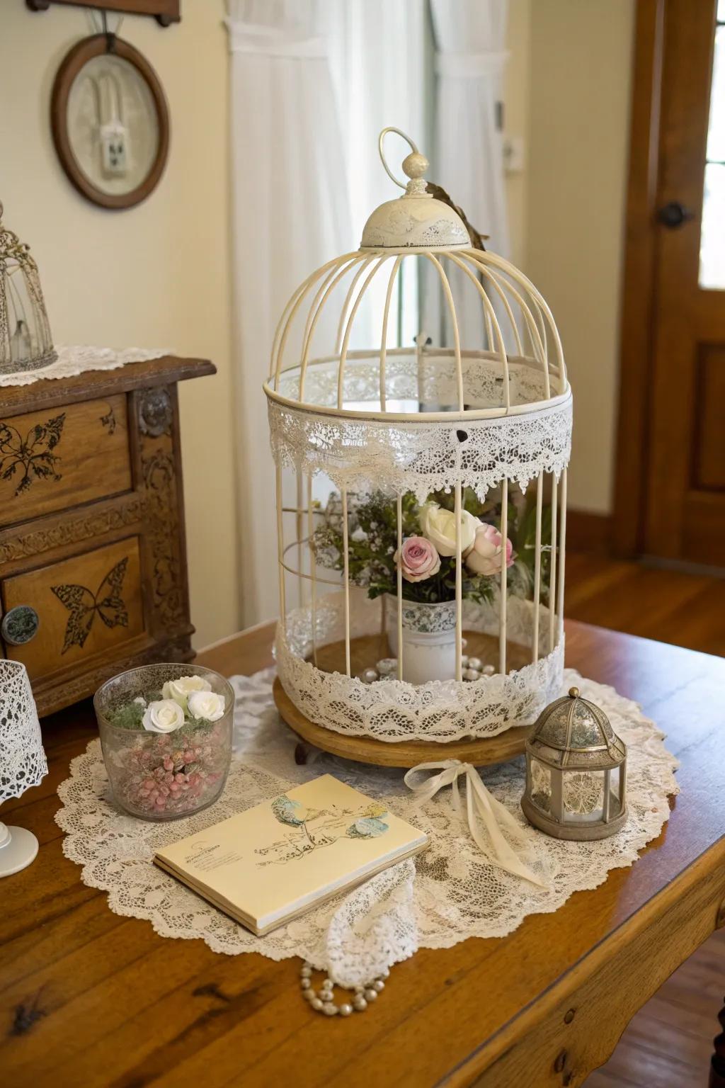 A vintage-inspired <strong><em>bird enclosure</em></strong> centerpiece showcasing delightful details.” loading=”lazy” class=”pimg”>
	</picture><figcaption>A vintage-inspired <strong><em>bird enclosure</em></strong> centerpiece showcasing delightful details.</figcaption></figure>
<p>Embrace <strong>vintage charm</strong> with a <strong><em>bird enclosure</em></strong> adorned with lace and antique trinkets. I appreciate the nostalgic sensation it generates, especially for events with a vintage theme.</p>
<h3>Products that could assist:</h3>
<ul class=