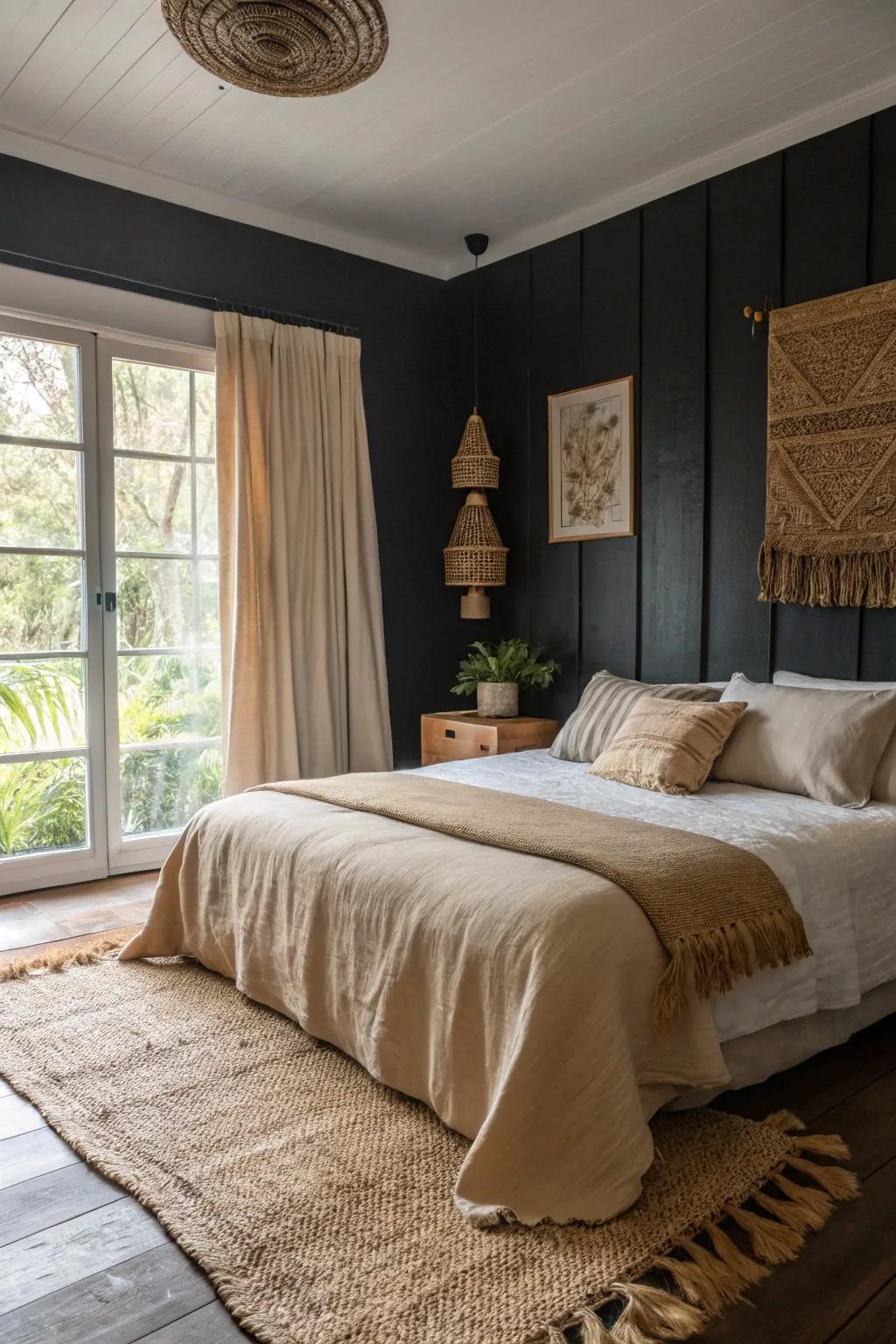 Earthy textures balance the boldness of a black accent wall in this serene bedroom.