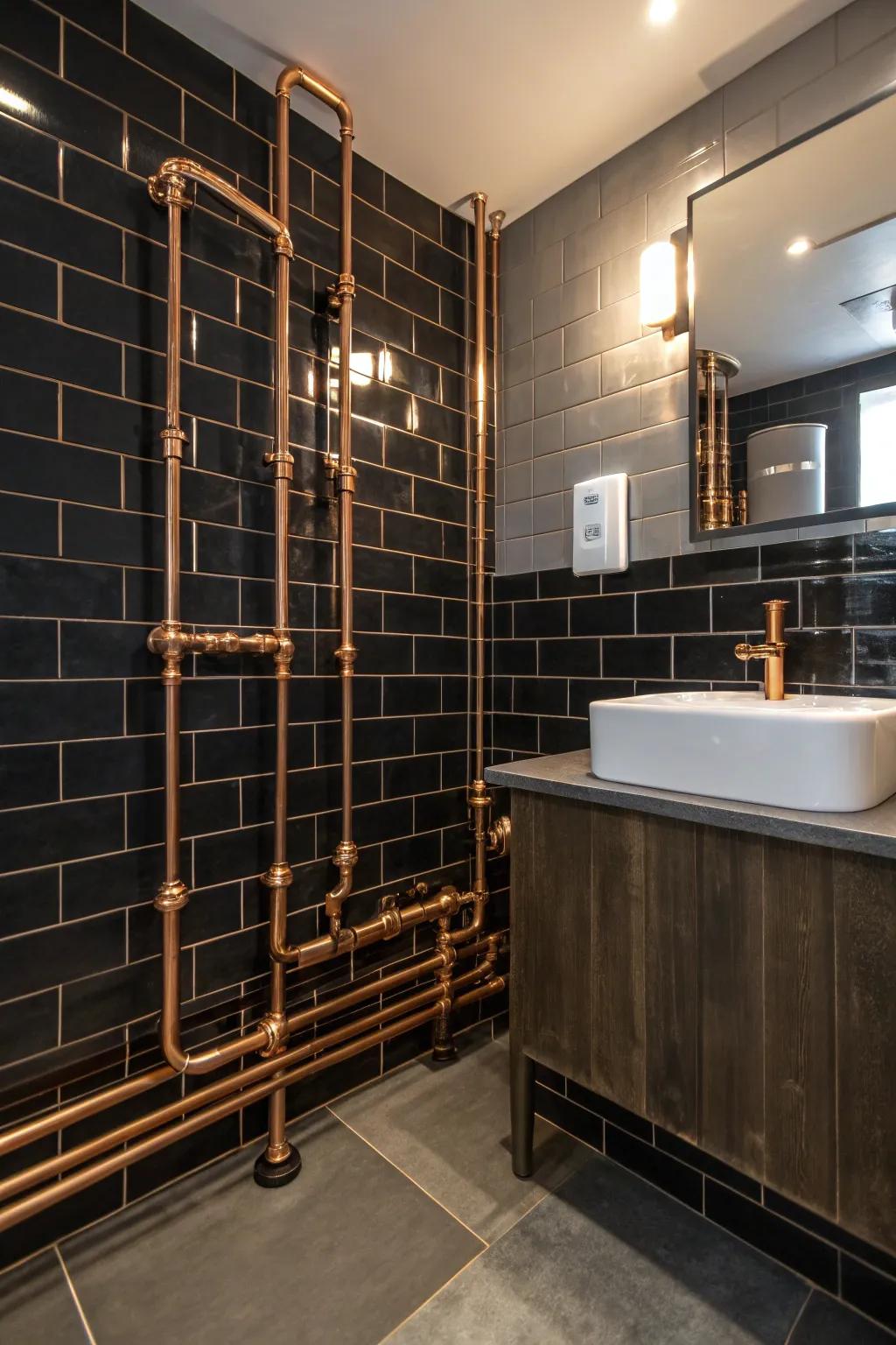 Exposed copper pipes add an industrial edge to the bathroom.