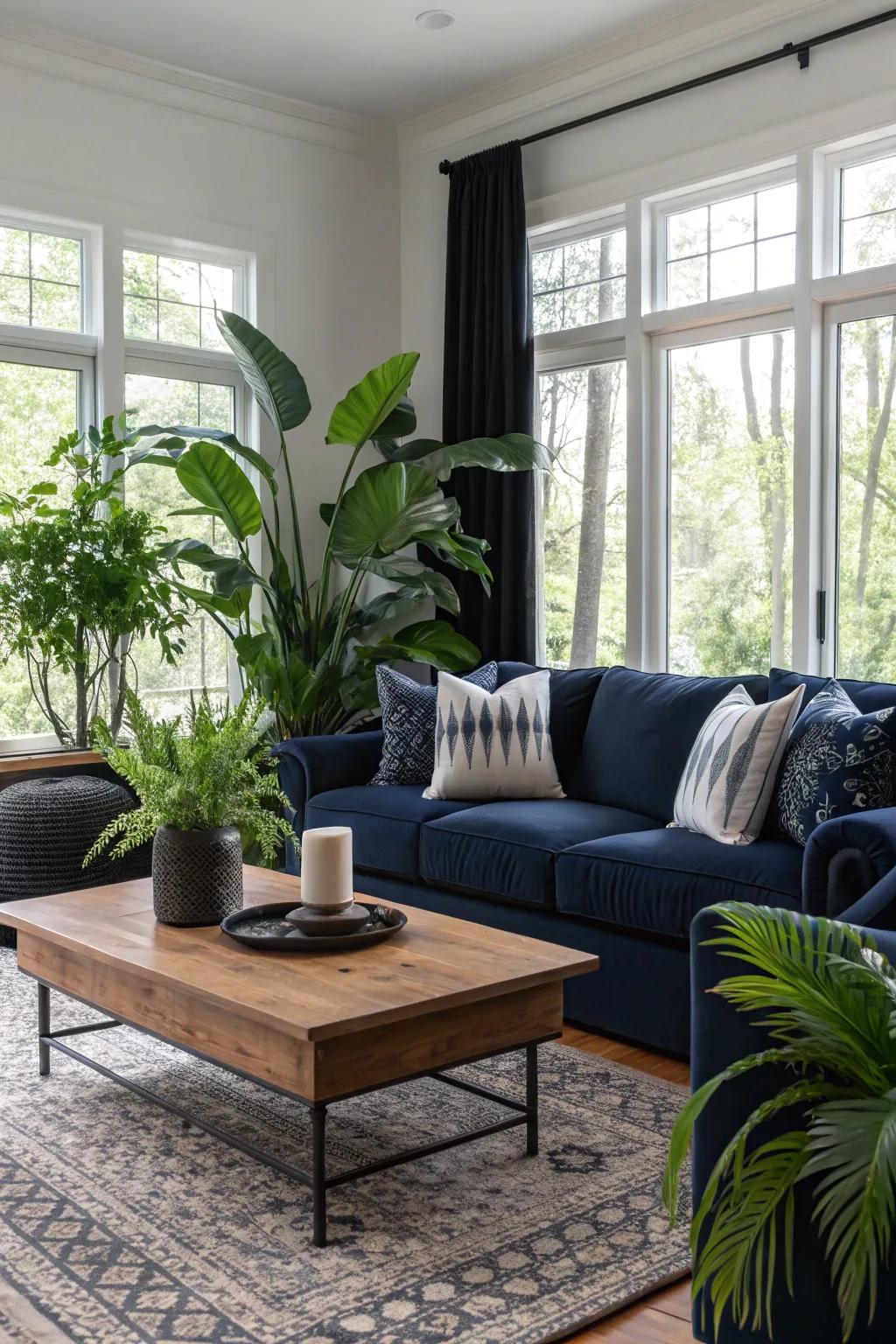 Greenery adds freshness and harmony to somber tones.