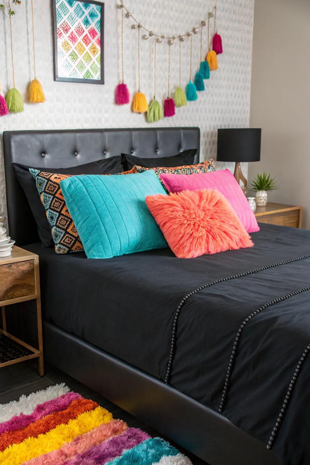 Liven up black bedding with vibrant colour accents.