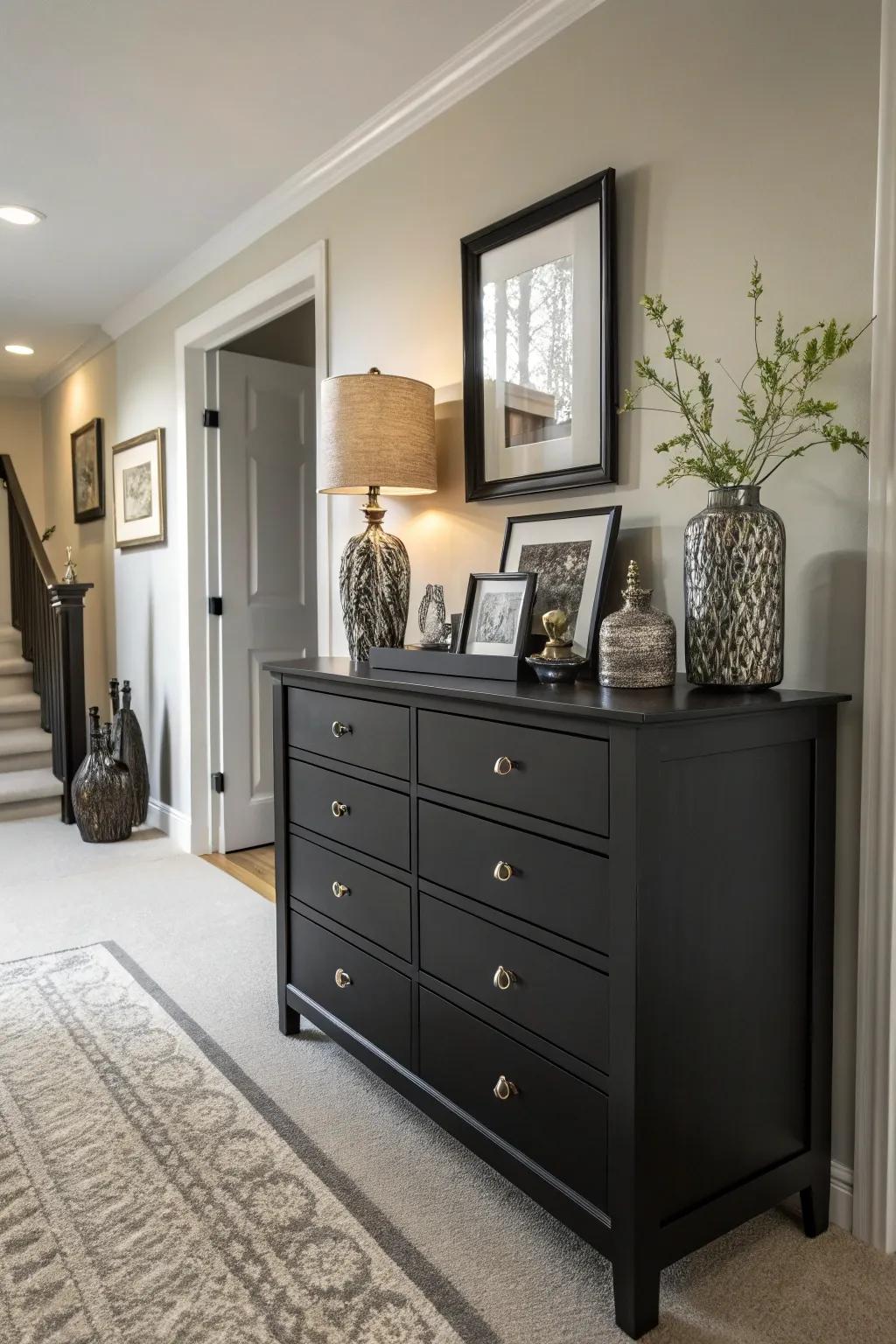 An ebony chest providing chic storage in an elegant hallway.