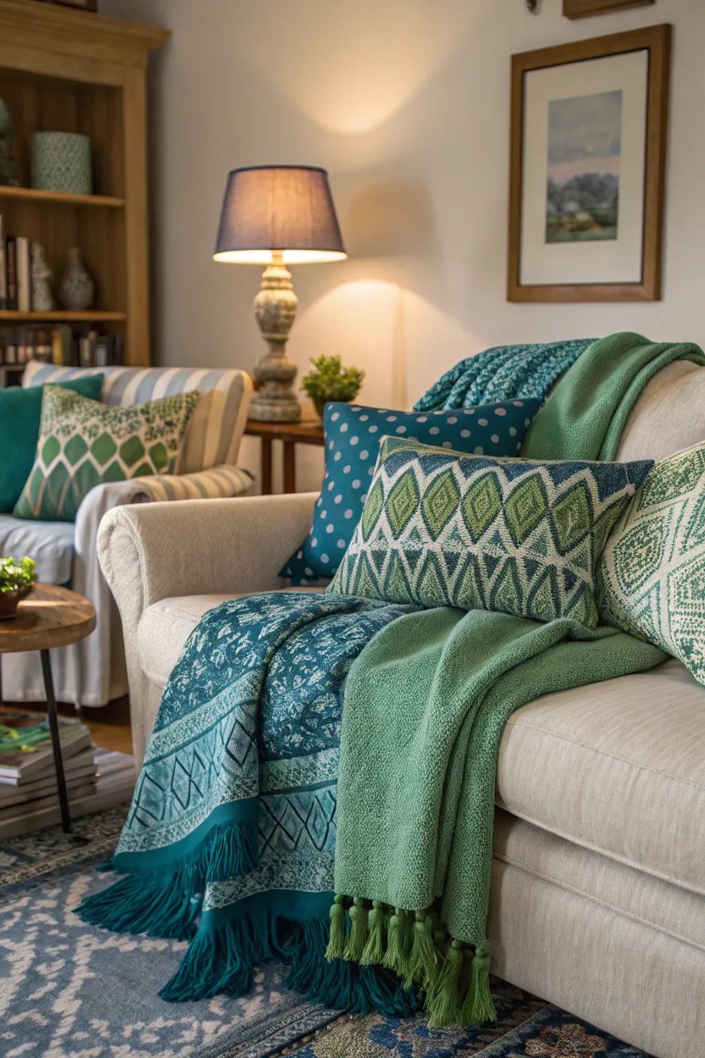Textiles in mixed patterns add depth and interest.