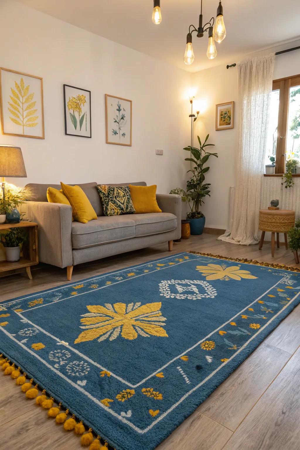 A statement floor covering in azure with gold highlights grounding the living room.