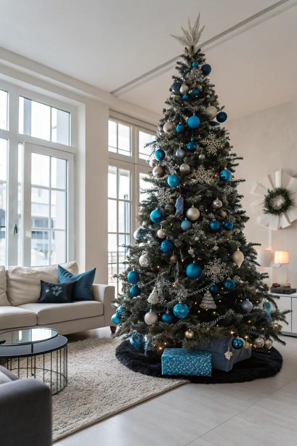 A modern chic blue and ebony Christmas tree.