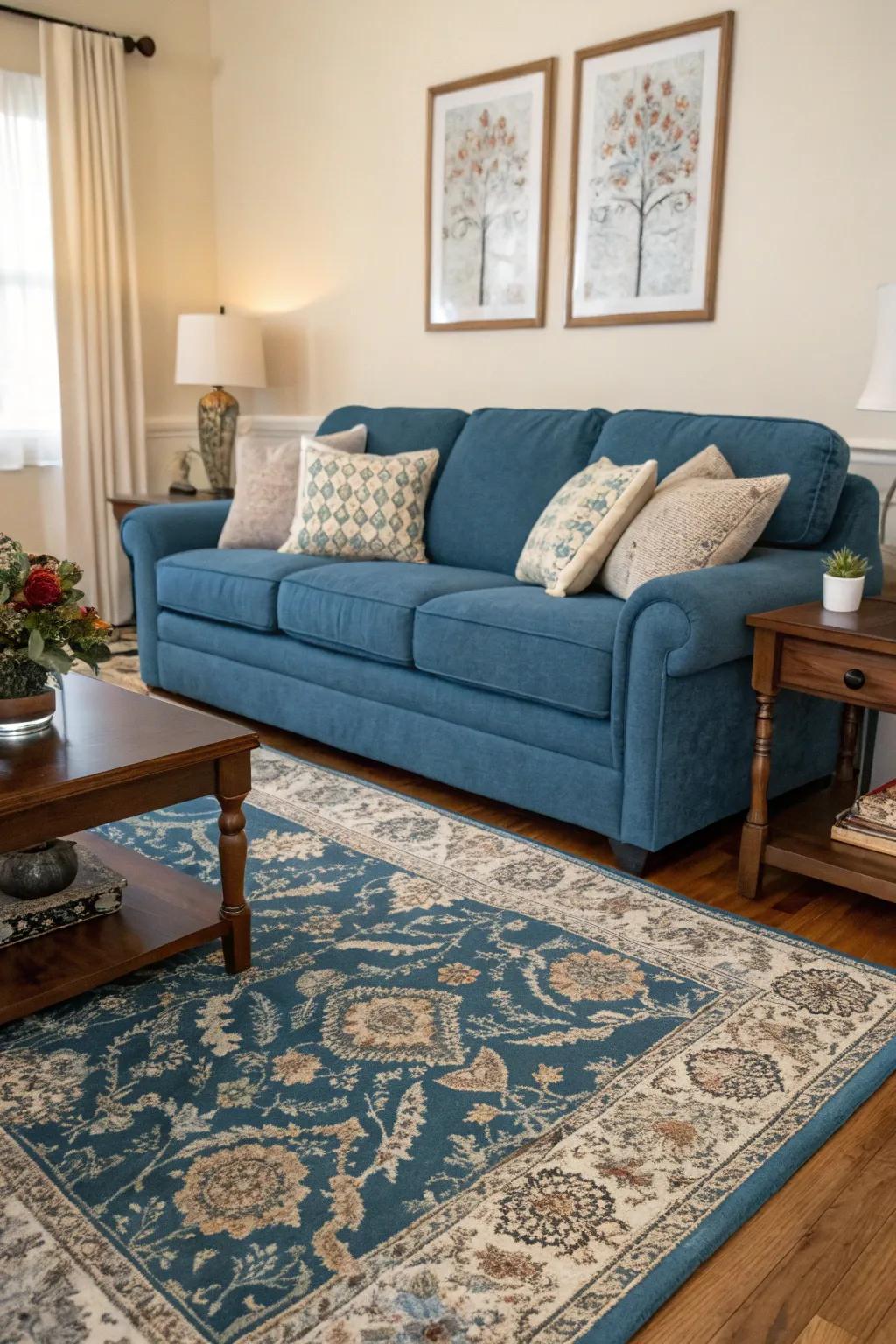 A coordinated accent floor covering injects warmth and coherence into a cerulean sofa arrangement.