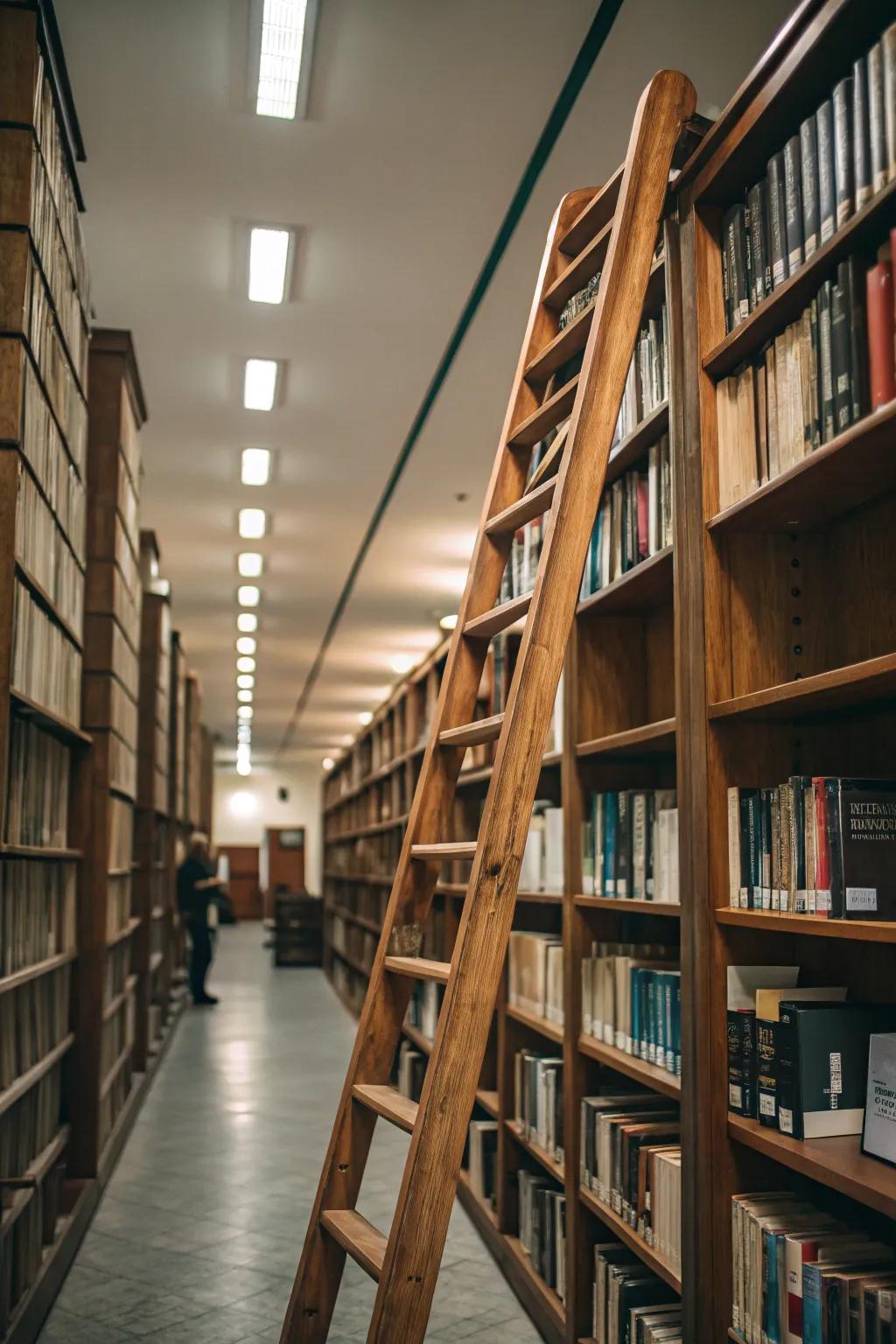 A library ladder adds charm and accessibility to the shelves.