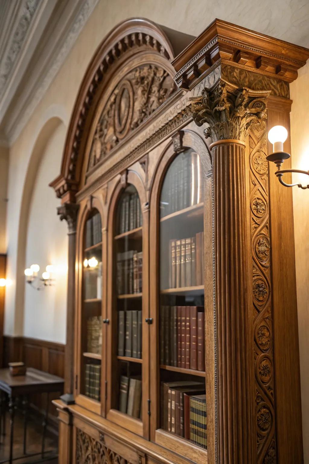 Contribute charm to your bookcase through architectural details.