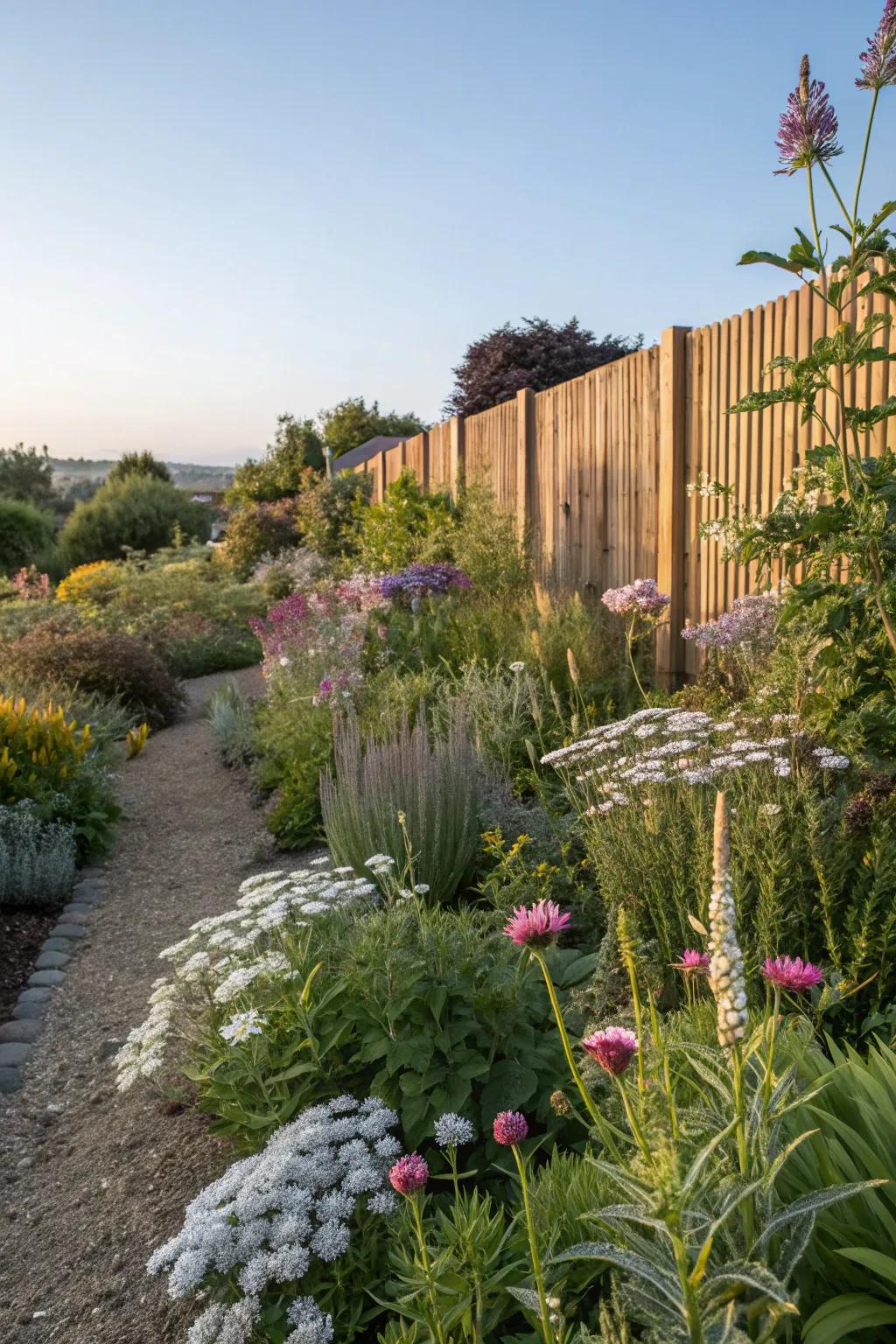 A low-maintenance garden border showcasing native plants, nourished by BioBoost Native Fuel.