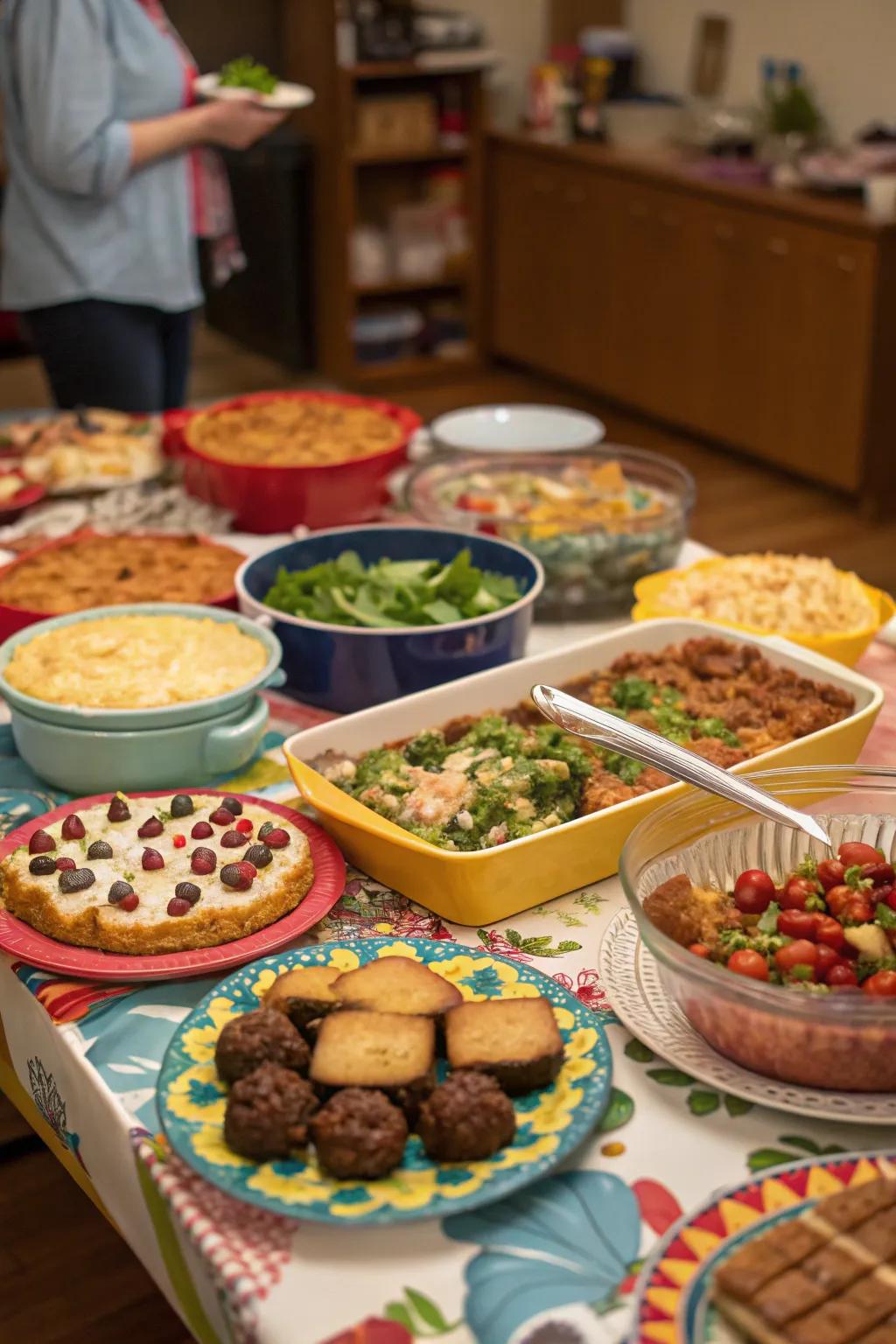 A potluck dinner table abundant with a variety of dishes.