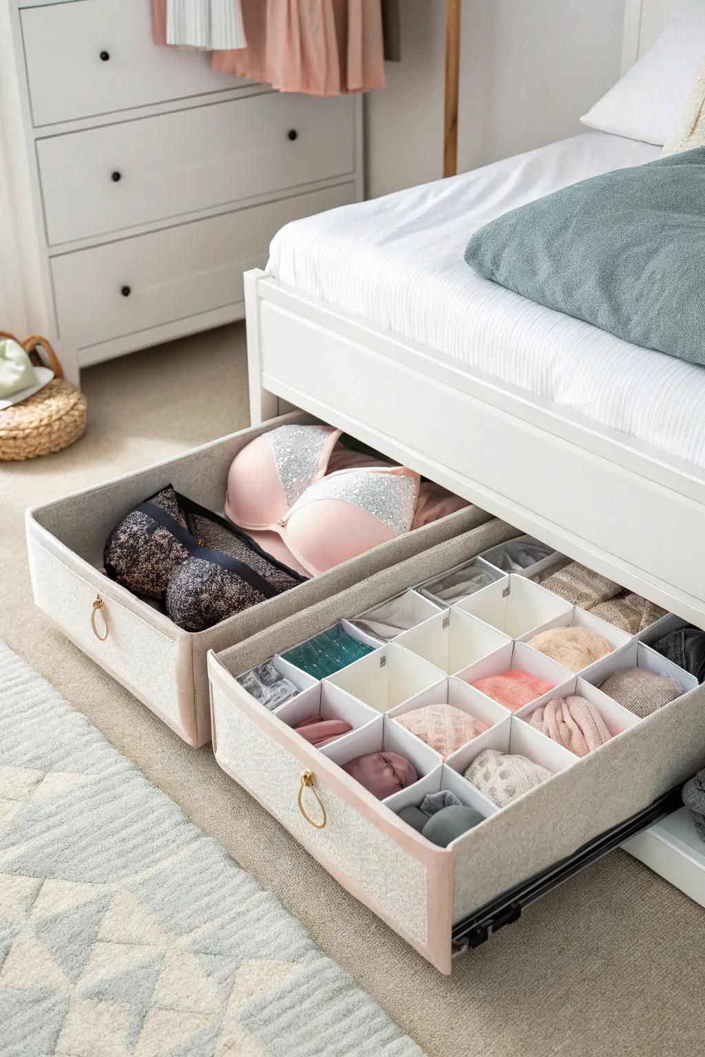 Keep bras out of sight with below-bed storage containers.
