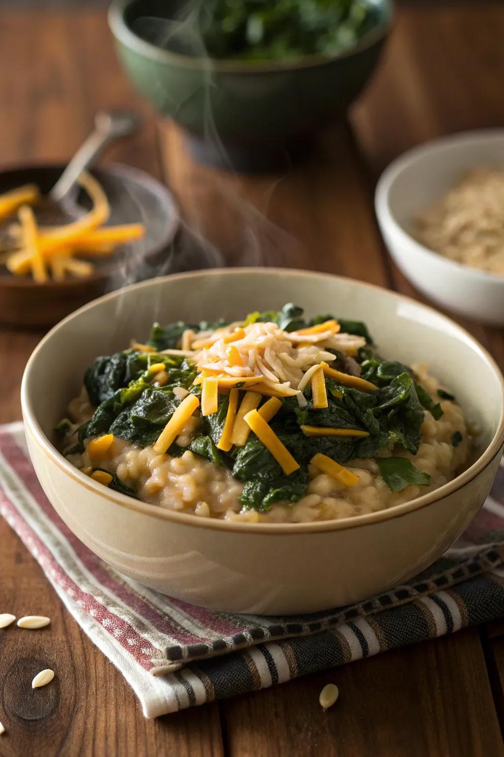 Savory oatmeal with a vegetable twist—a truly hearty breakfast.
