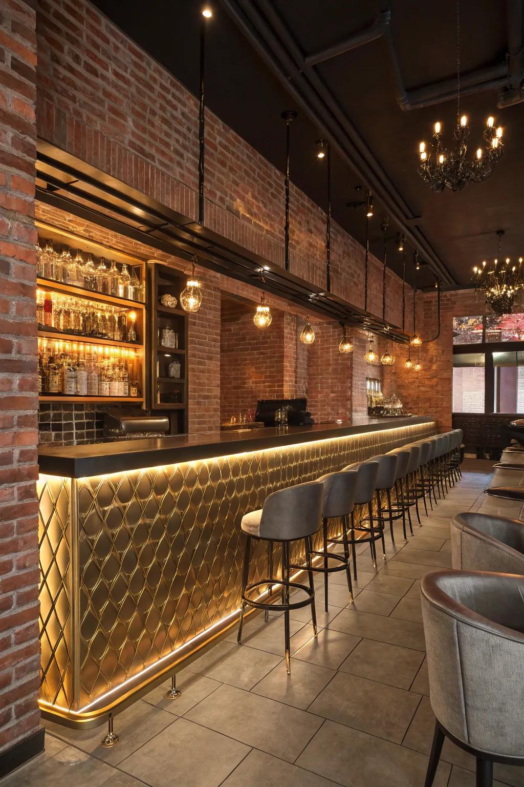 Shimmering accents bring an element of glamour to a brick wall bar.