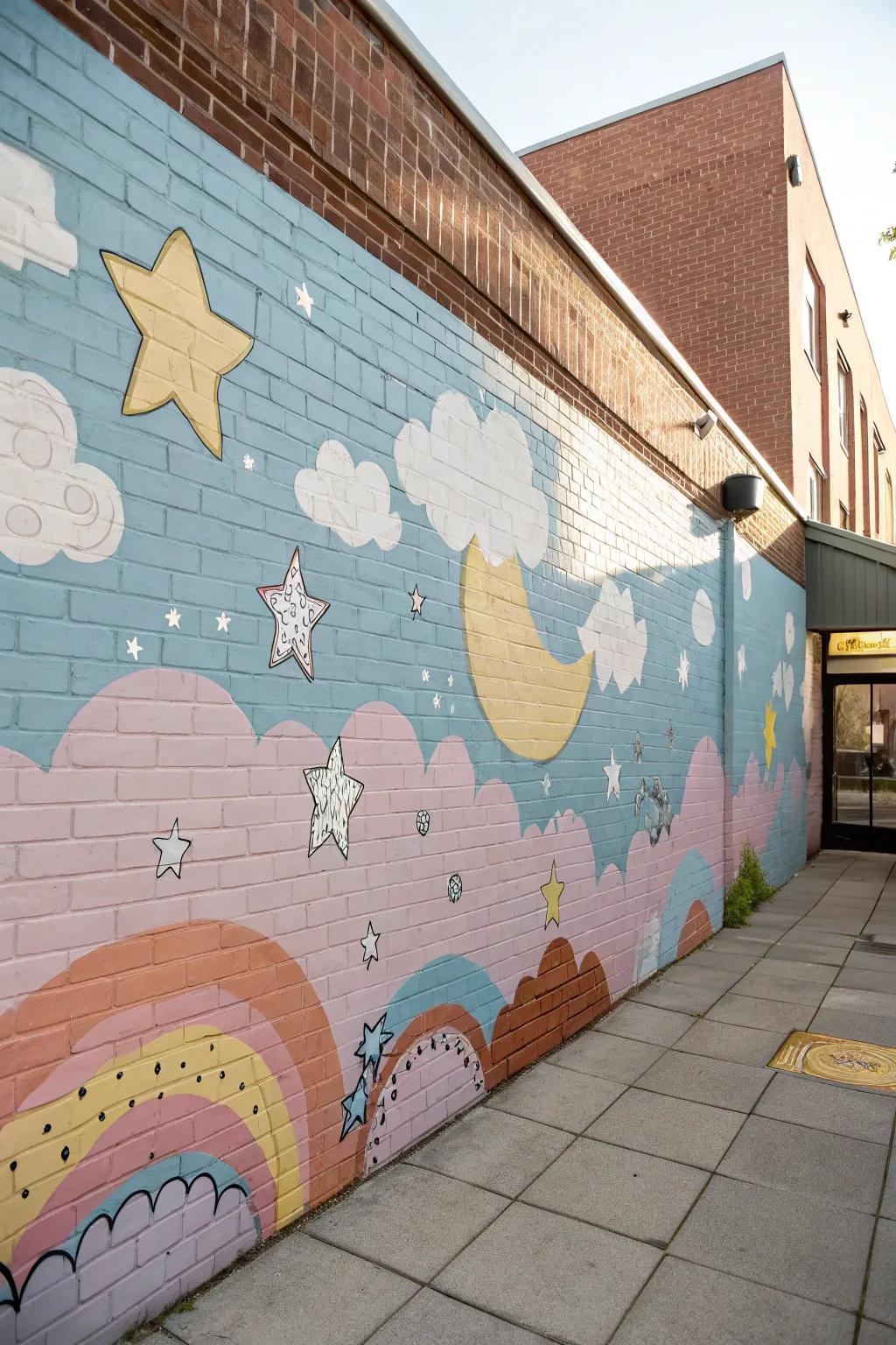 Nursery mural sparks imagination on a brick wall.