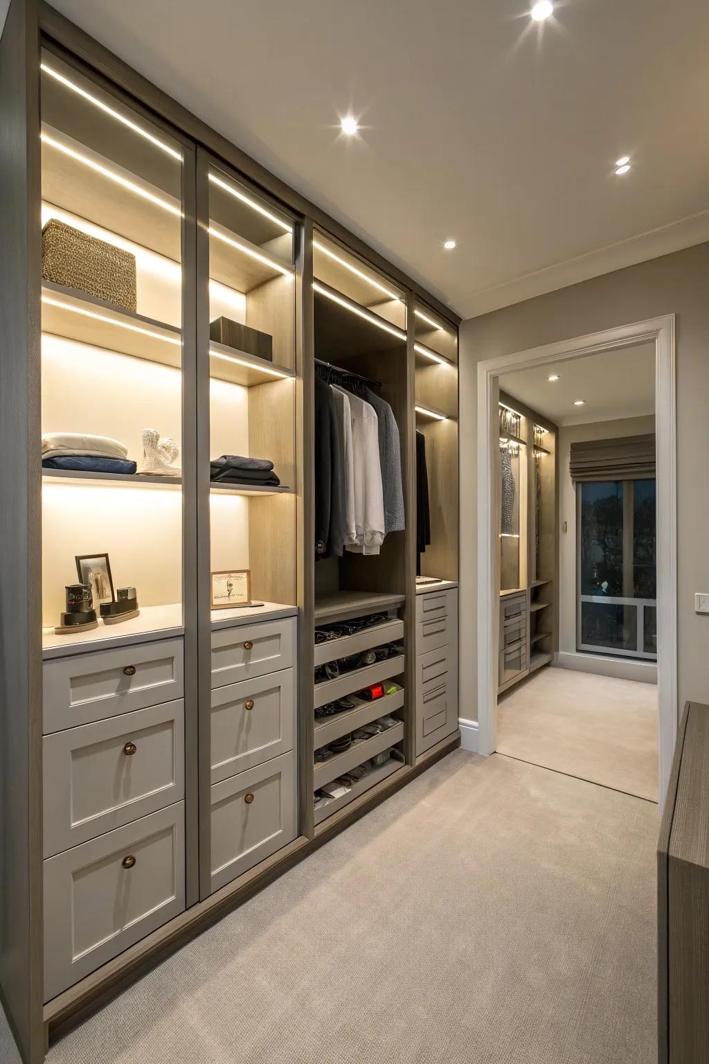 Wraparound closet designs efficiently maximize space.