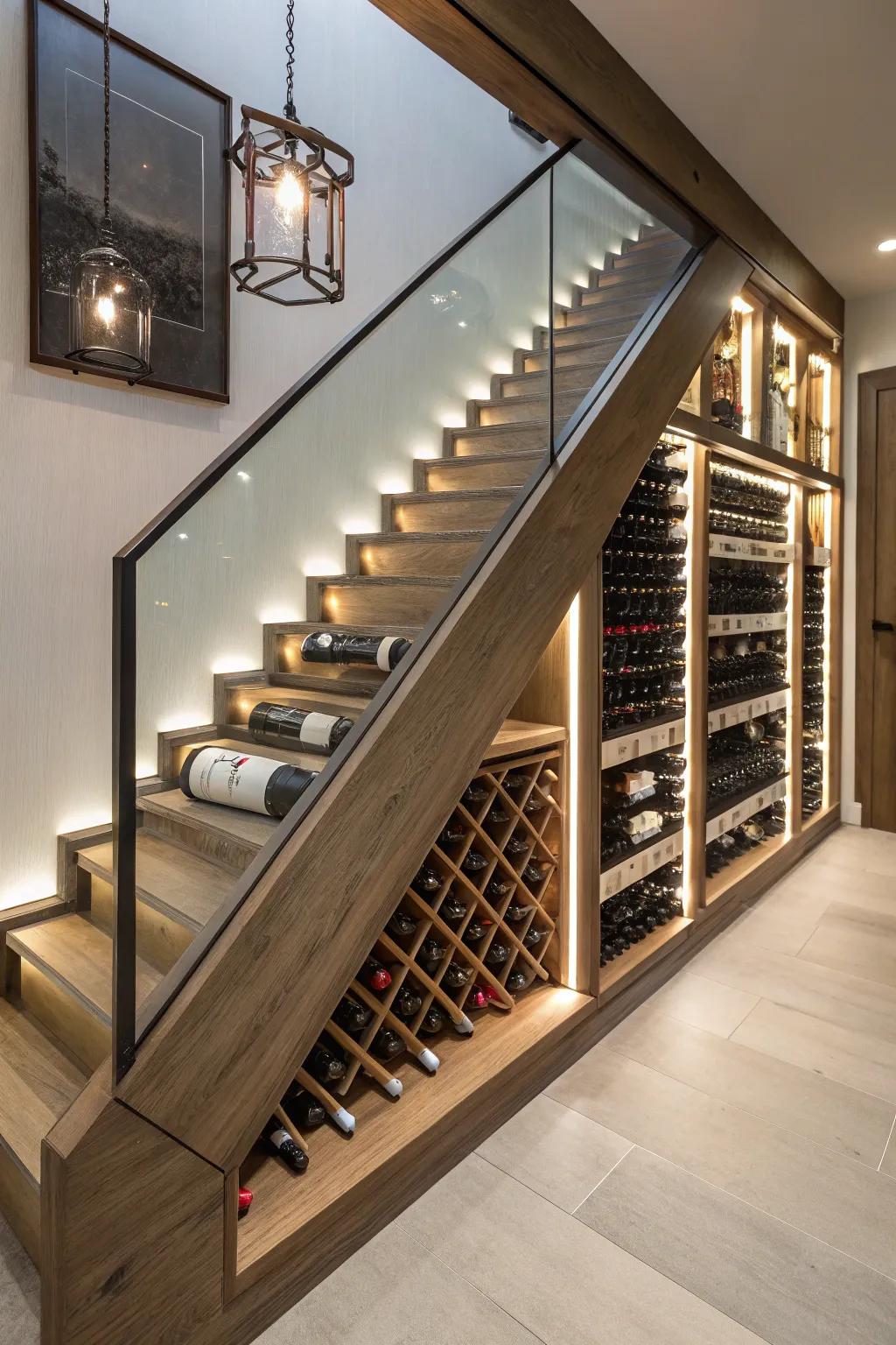A sophisticated wine solution inside a stair bulkhead.