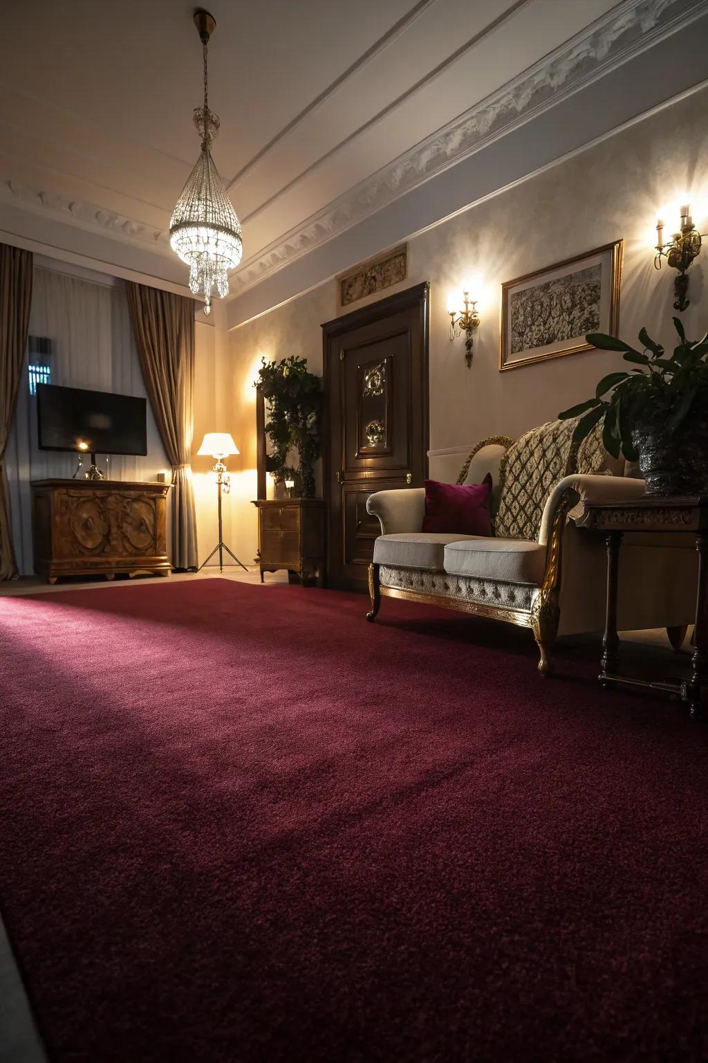 Illumination and shadows interact beautifully across a scarlet floor covering.