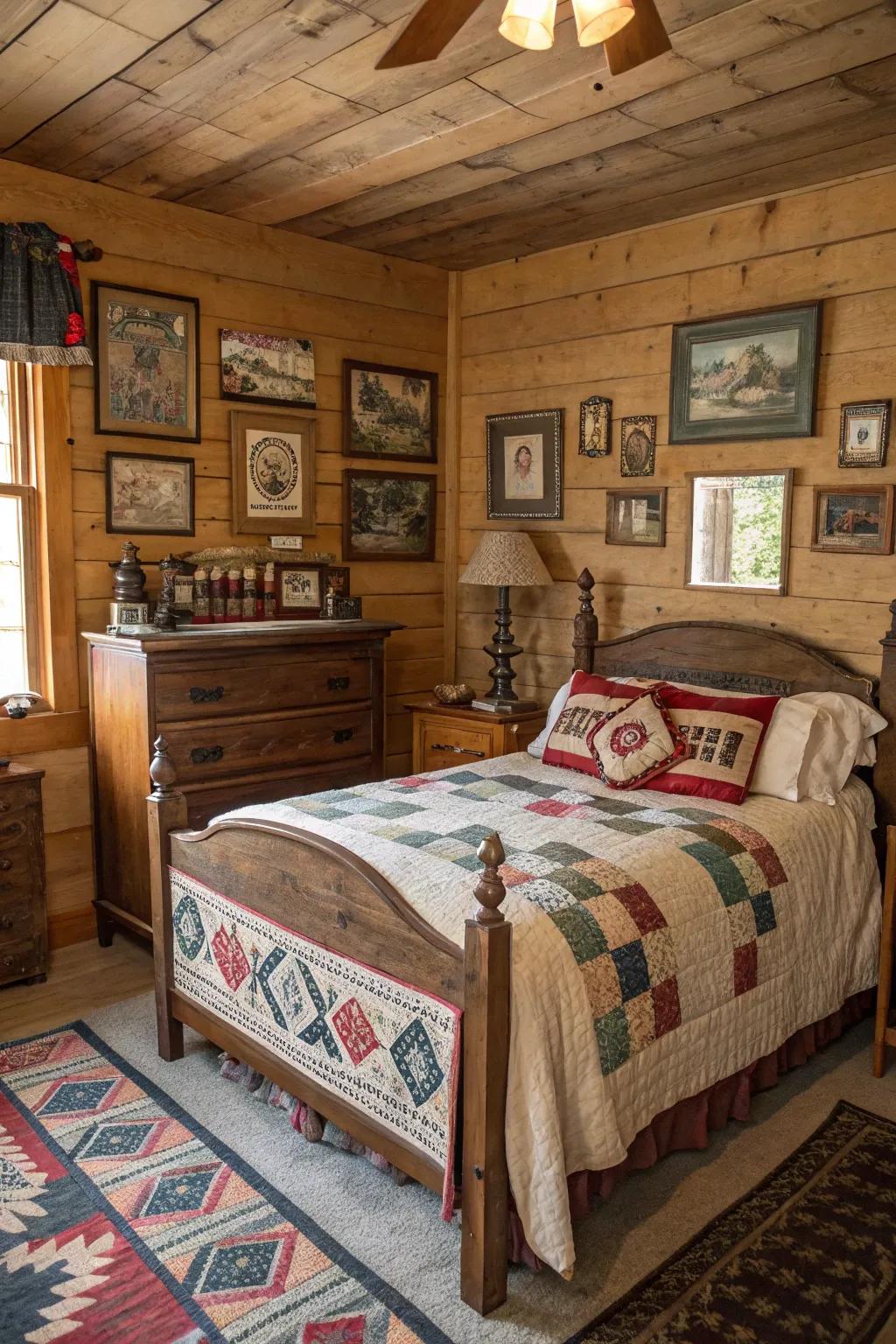A cabin bedroom designed with vintage decorations and trimmings.