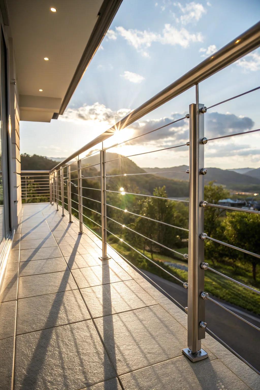 Bright finish cable railing shining in the sun