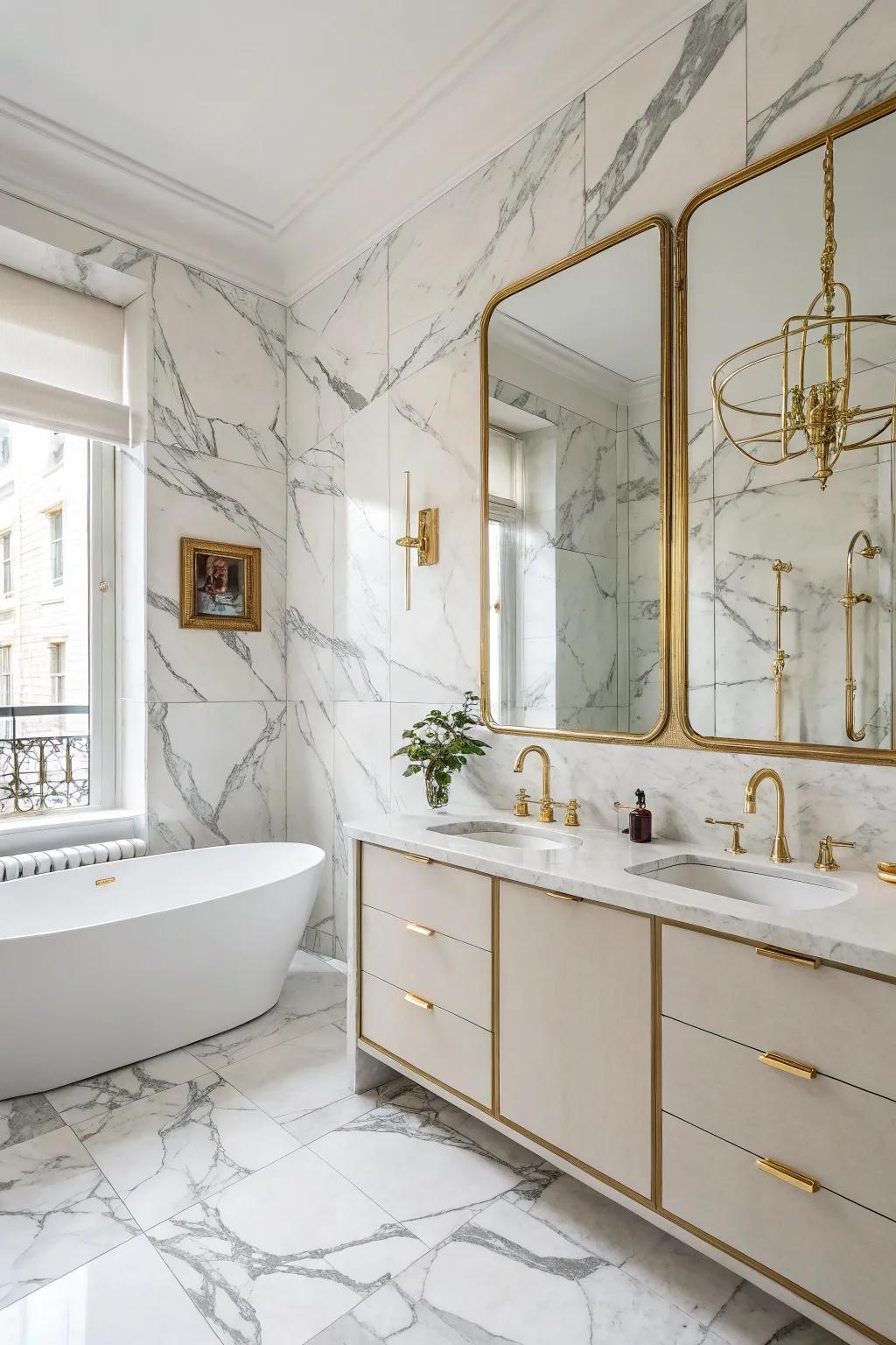 A luxurious bathroom with Luminous Argento marble tiles and gold accents.