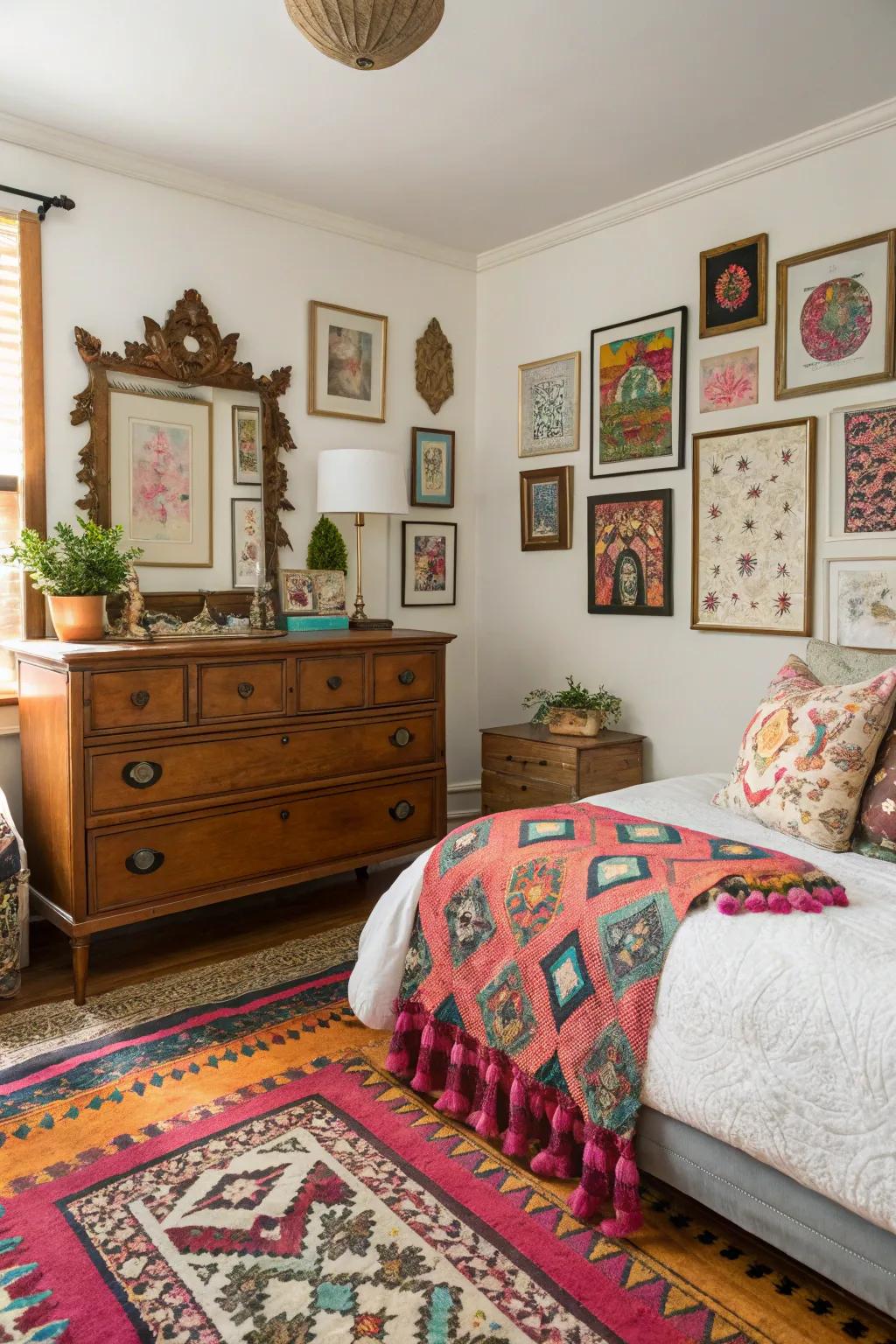 This bedroom showcases a vintage dresser that adds character and charm.