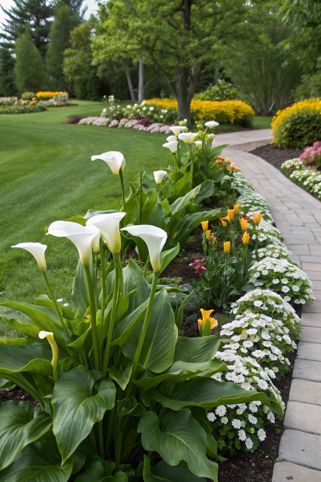 Calla lilies serve as eye-catching focal points in the garden.