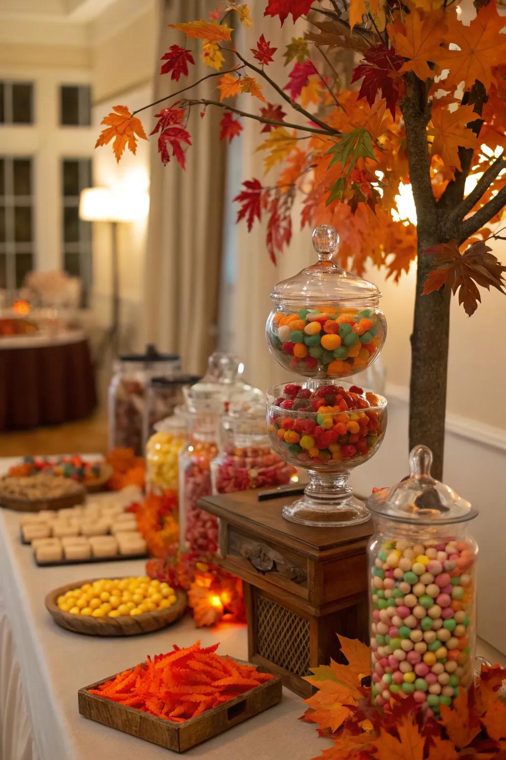 Incorporating seasonal decorations brings a timely charm to your candy buffet.