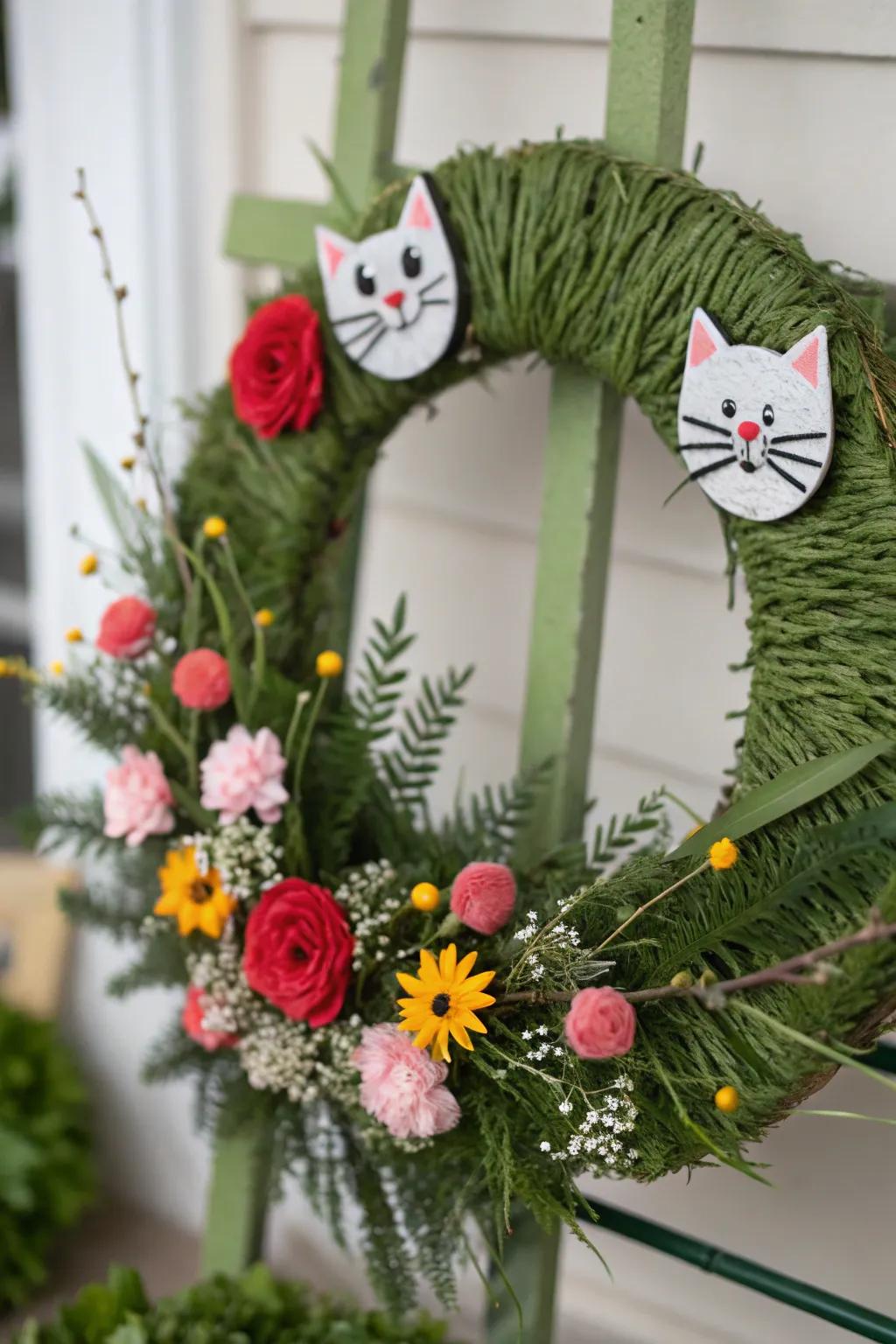 A whimsical malleable conduit feline wreath that ignites ingenuity.
