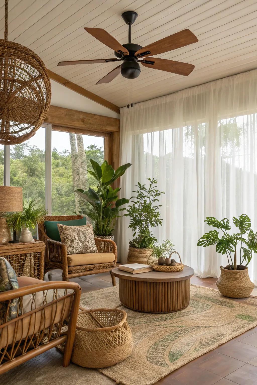 Introduce nature indoors through an air circulator showing natural aspects.