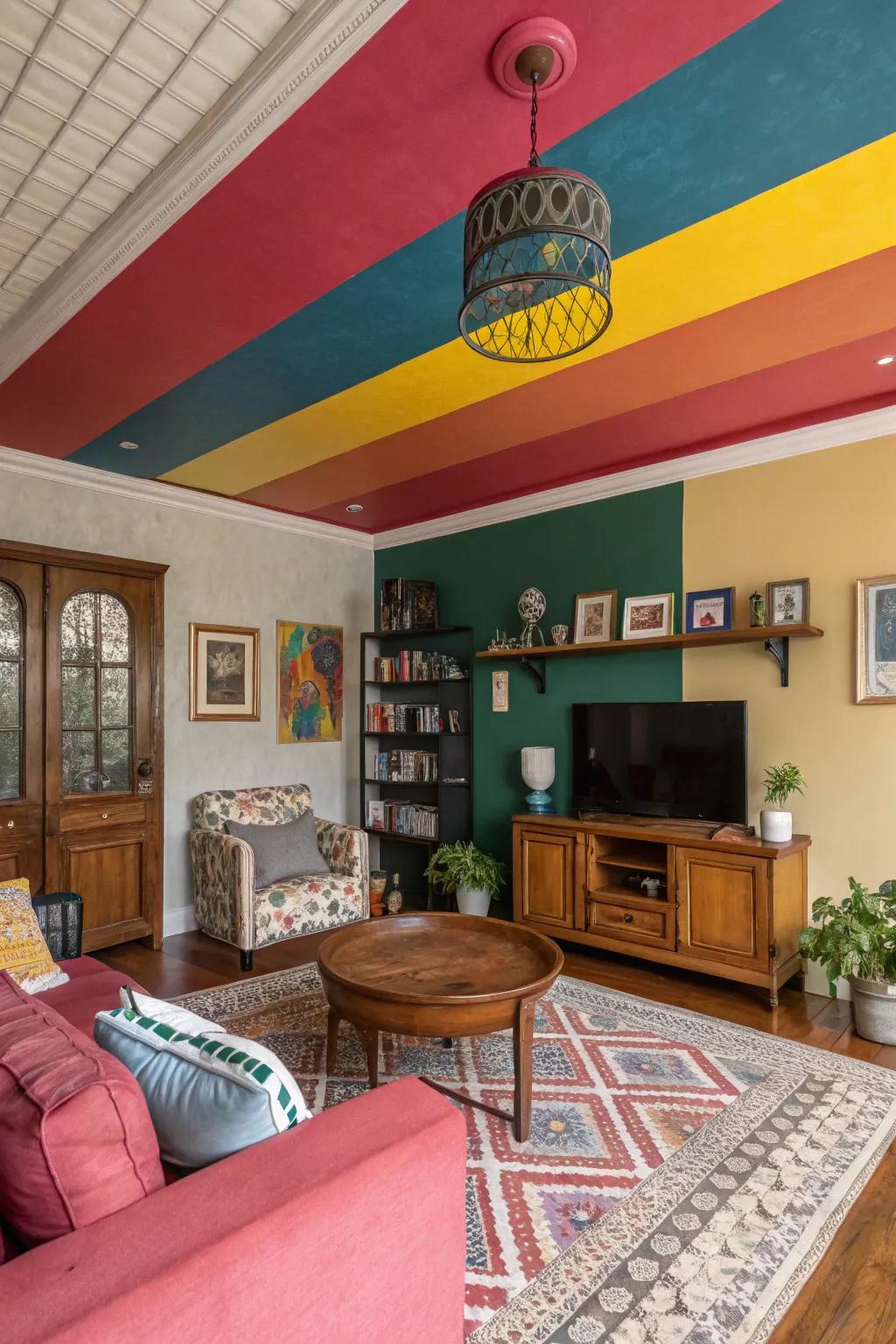 Strong colors on the ceiling make a vibrant and lively atmosphere.