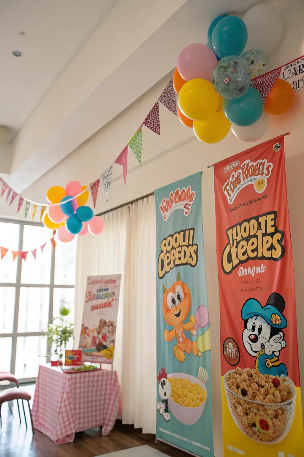 Area decorated with grains-themed banners and vibrant balloons.