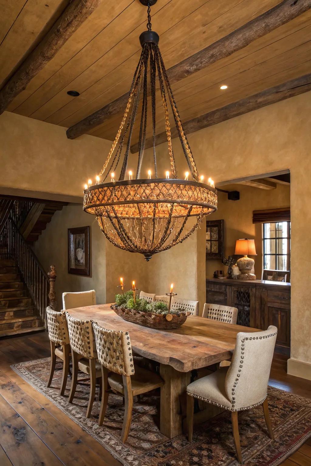 A chandelier with natural materials enhances a warm, organic ambiance.