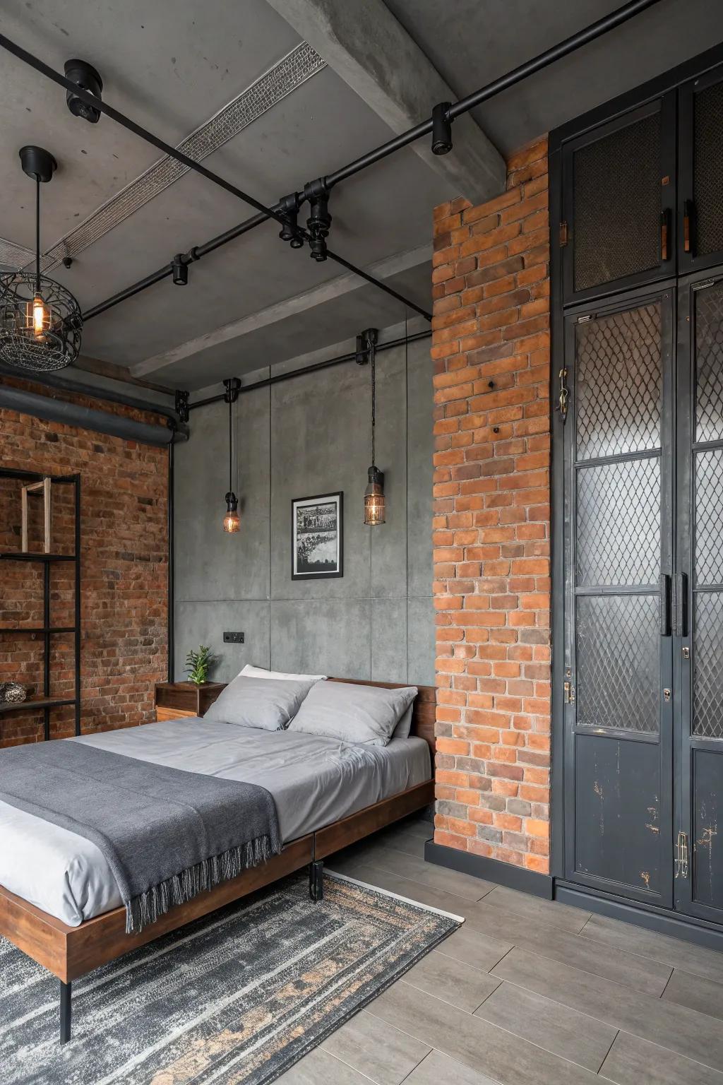 Industrial decor elements include an edge to deep slate settings.