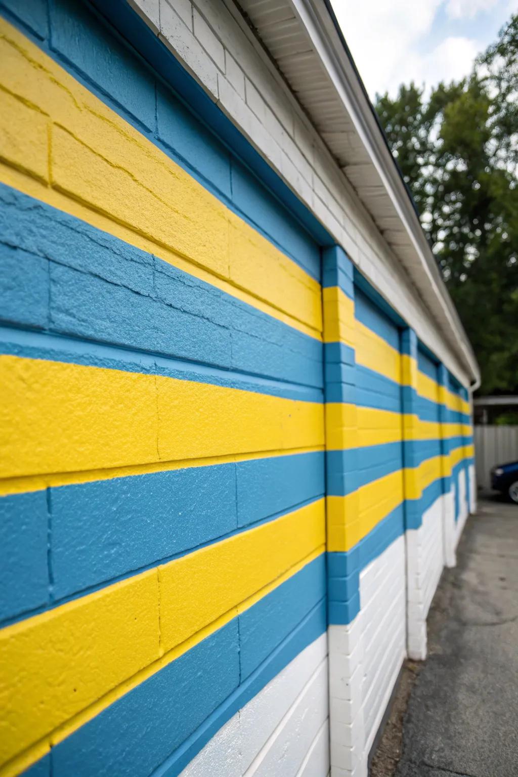 Stripes incorporate vibrant visual fascination to garage walls.