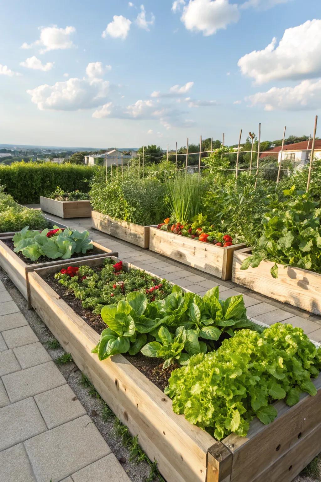Elevated beds provide a practical and eye-catching gardening solution.