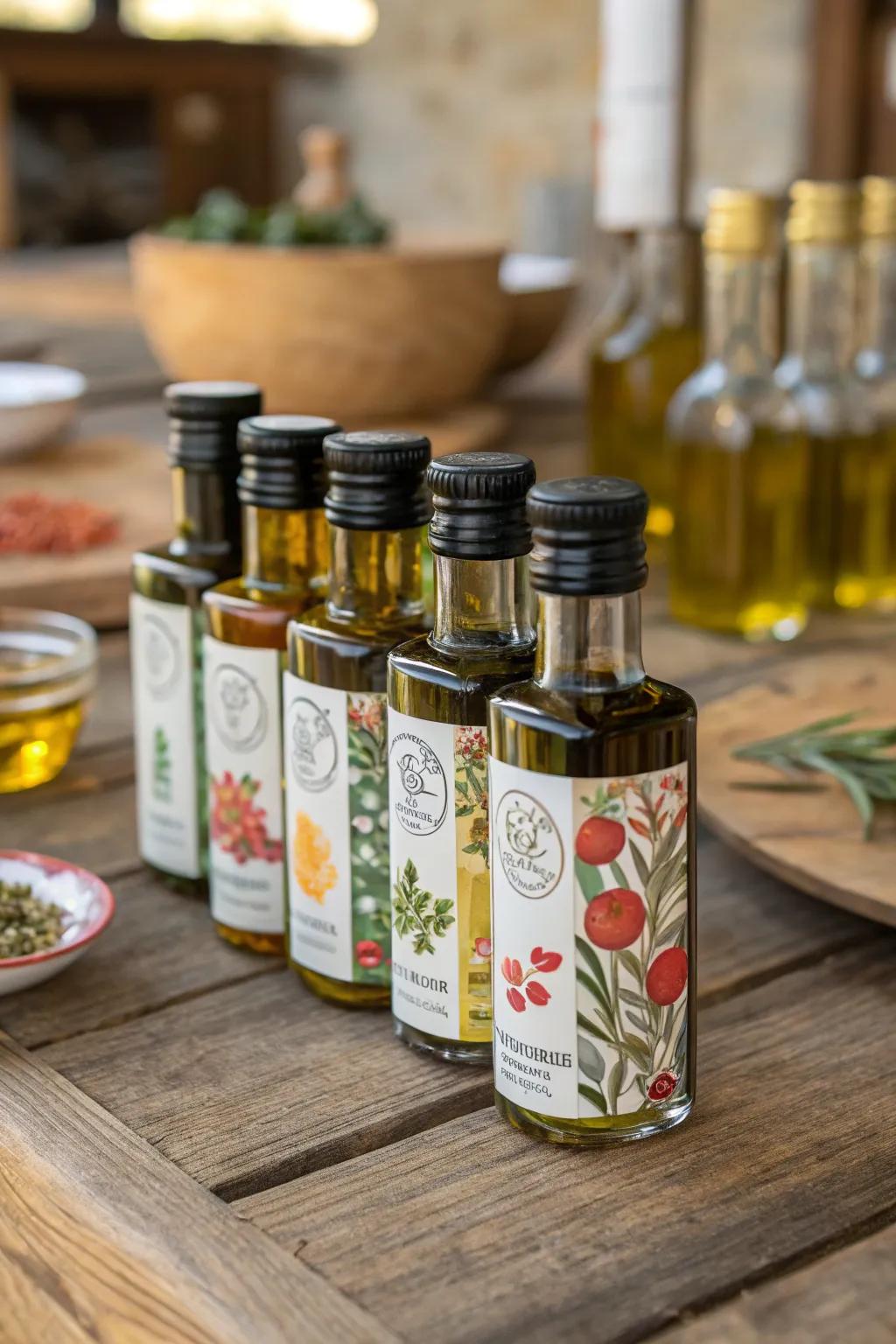 Miniature herb oil bottles contribute a gourmet touch to your wedding presents.